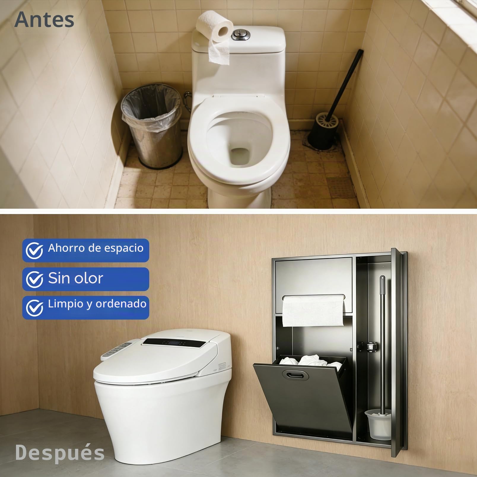 Portarrollos de Papel Higiénico Empotrado 3 en 1 | Nicho de Acero Inoxidable con Porta Pañuelos, Papelera y Armario para Escobillas de Baño para Baños y Aseos