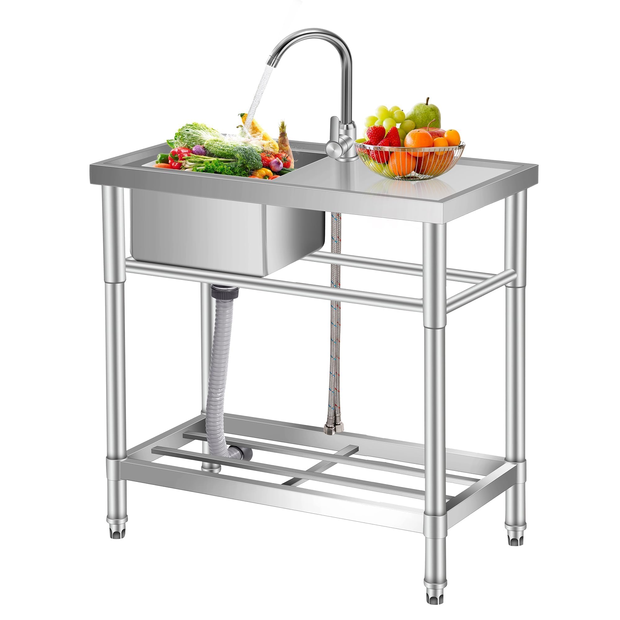 Garveelife Single Bowl Stainless Steel Utility Sink With Tap & Workbench, Freestanding Catering Sink 76X41x76cm, Heavy Duty Commercial Kitchen Sink For Outdoor, Garage, Garden, Laundry Room