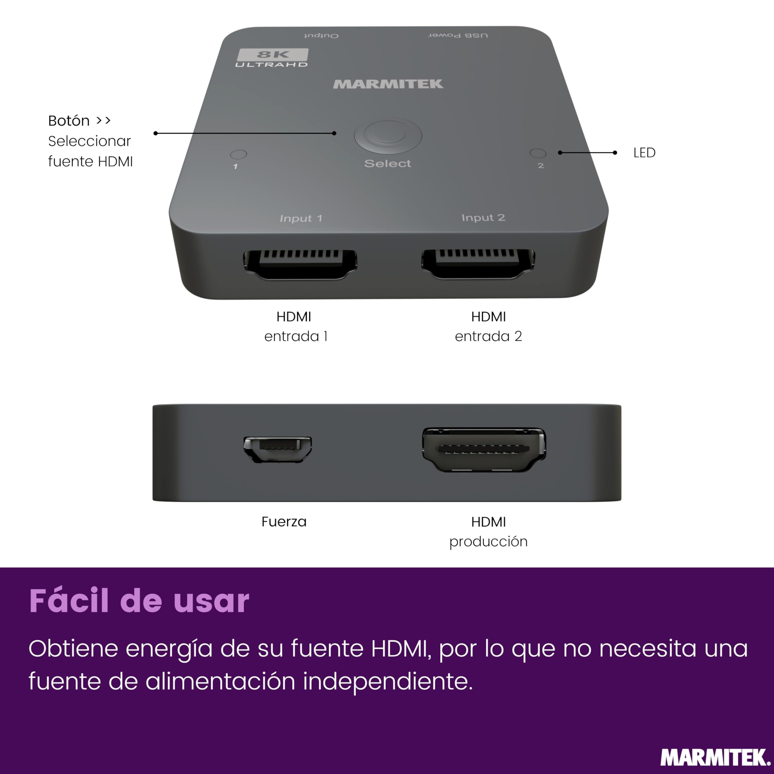 Switch HDMI 8K60 Marmitek AS28-4K120 Gaming Fluido - HDMI 2.1 2 entradas 1 Salida - 48 Gbit/s VRR ALLM QMS QFT - conmutación automática - selector HDMI