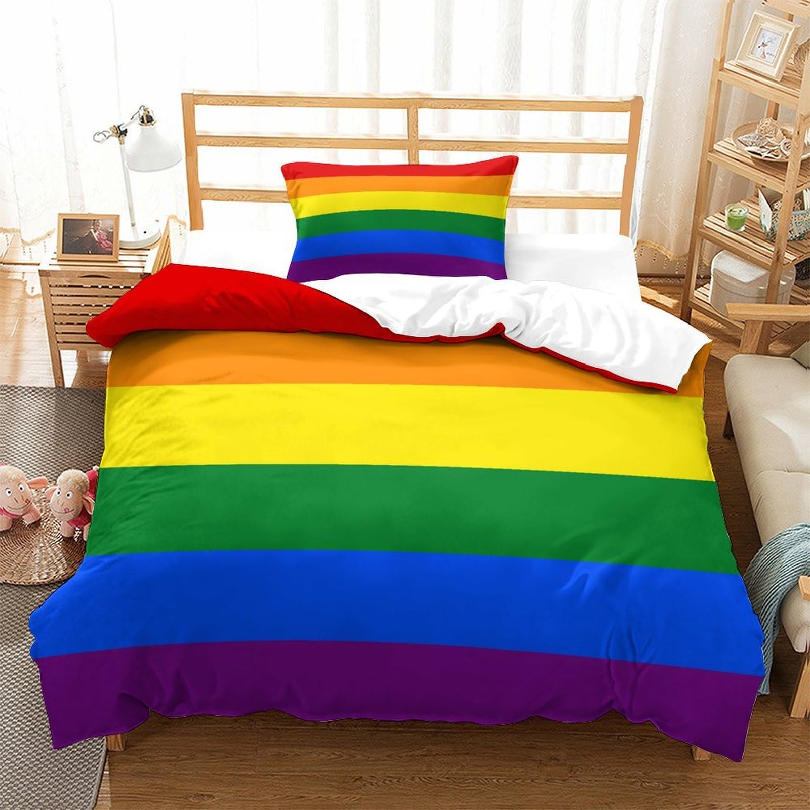 LILIlaobiao 3D Rainbow Flag Duvet Cover With Hidden Zipper, Pride Month Quilt Cover with Pillowcases, Rainbow Flag Bedding Set Soft Microfiber for Kids Adults Single（135x200cm）
