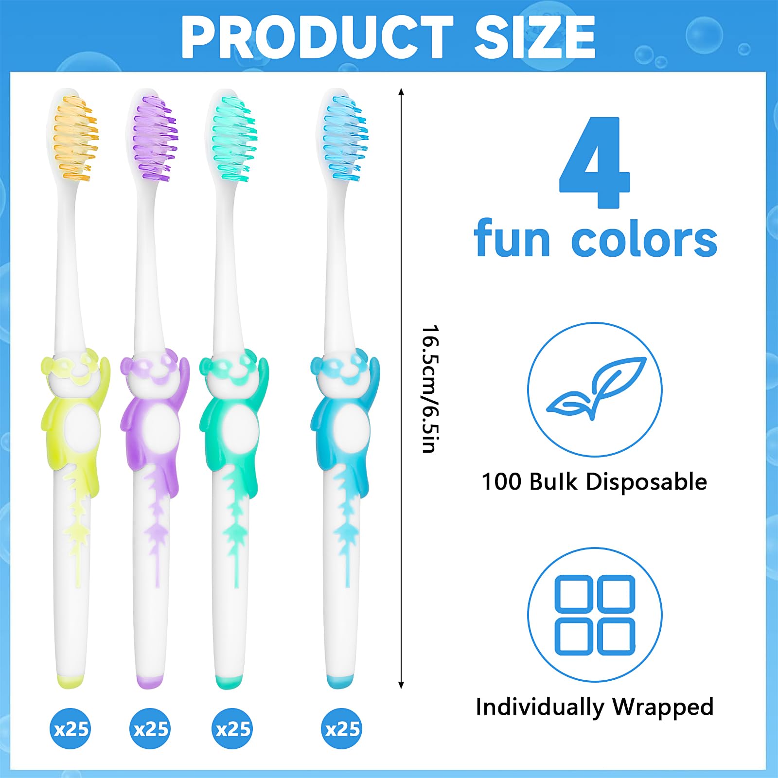 100 spazzolini manuali per bambini, con coperchio, setole morbide, confezionati singolarmente, per casa, viaggi, campeggio, hotel (verde, giallo, blu, viola)