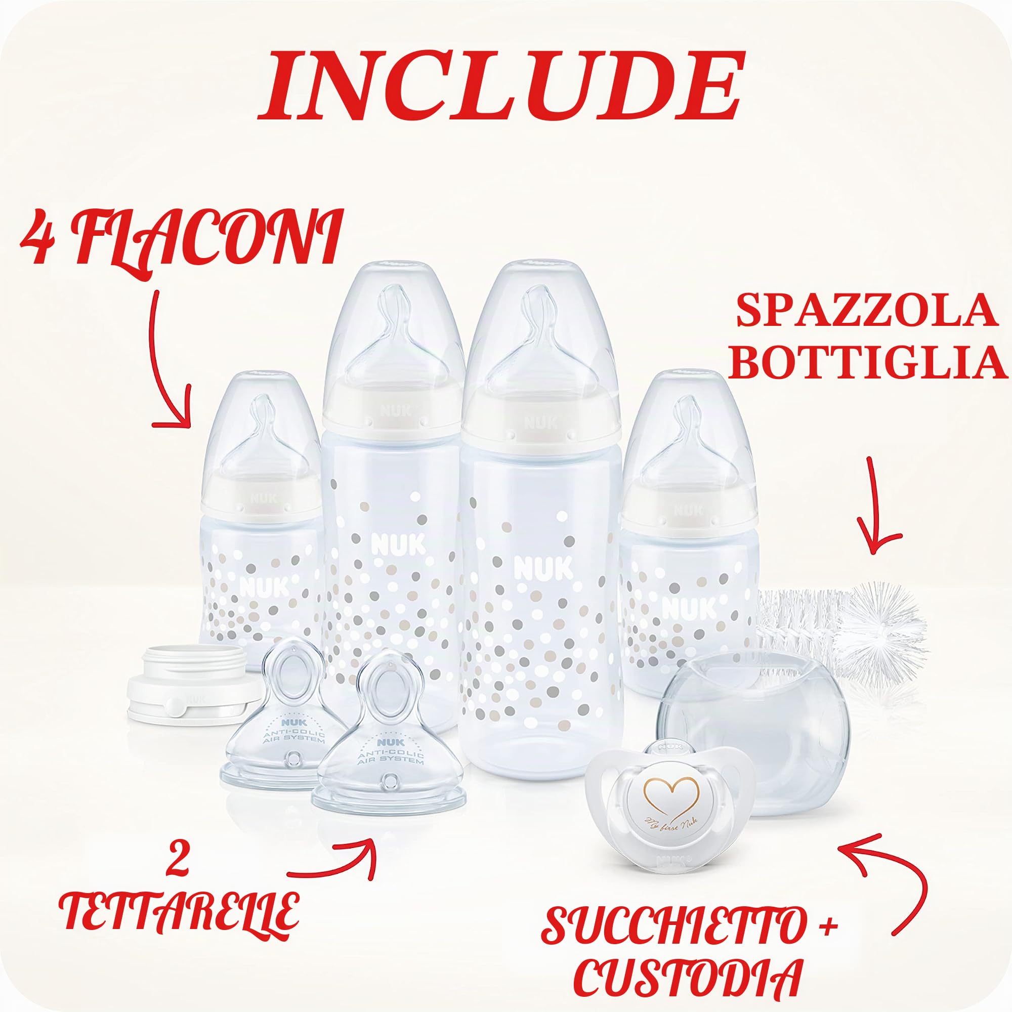 NUK Perfect Start First Choice+ Set di biberon, 0-6 mesi, 4 biberon con controllo della temperatura, ciuccio, scovolino e altro, senza BPA, 10 pezzi, bianco/trasparente