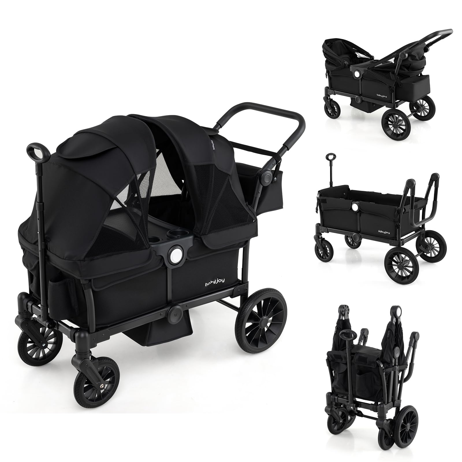 BABY JOY Wagon Stroller for 2 Kids, Collapsible Push Pull Double Stroller Wagon with Adjustable Handle Bar, Removable Canopy, Safety Harness, Cup Holder, Snack Tray & Storage Bag (Black)