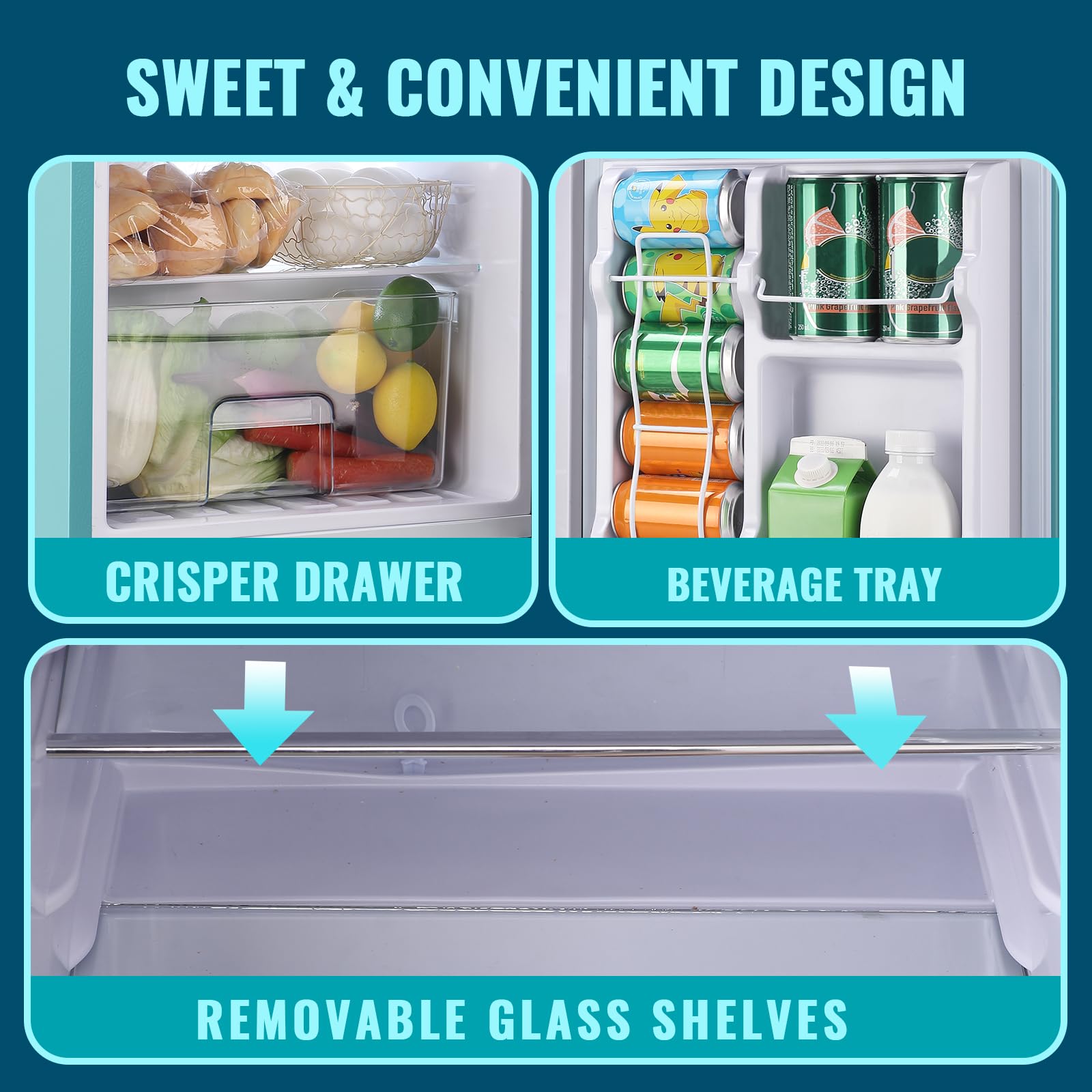 WANAI Small Refrigerator 3.5 Cu.Ft Retro Mini Fridge Freezer Two Doors Handles For Home Dorm College Office Freestanding Blue Refrigerator With LED Light And Galss Shelves on Fridge.com - View 6