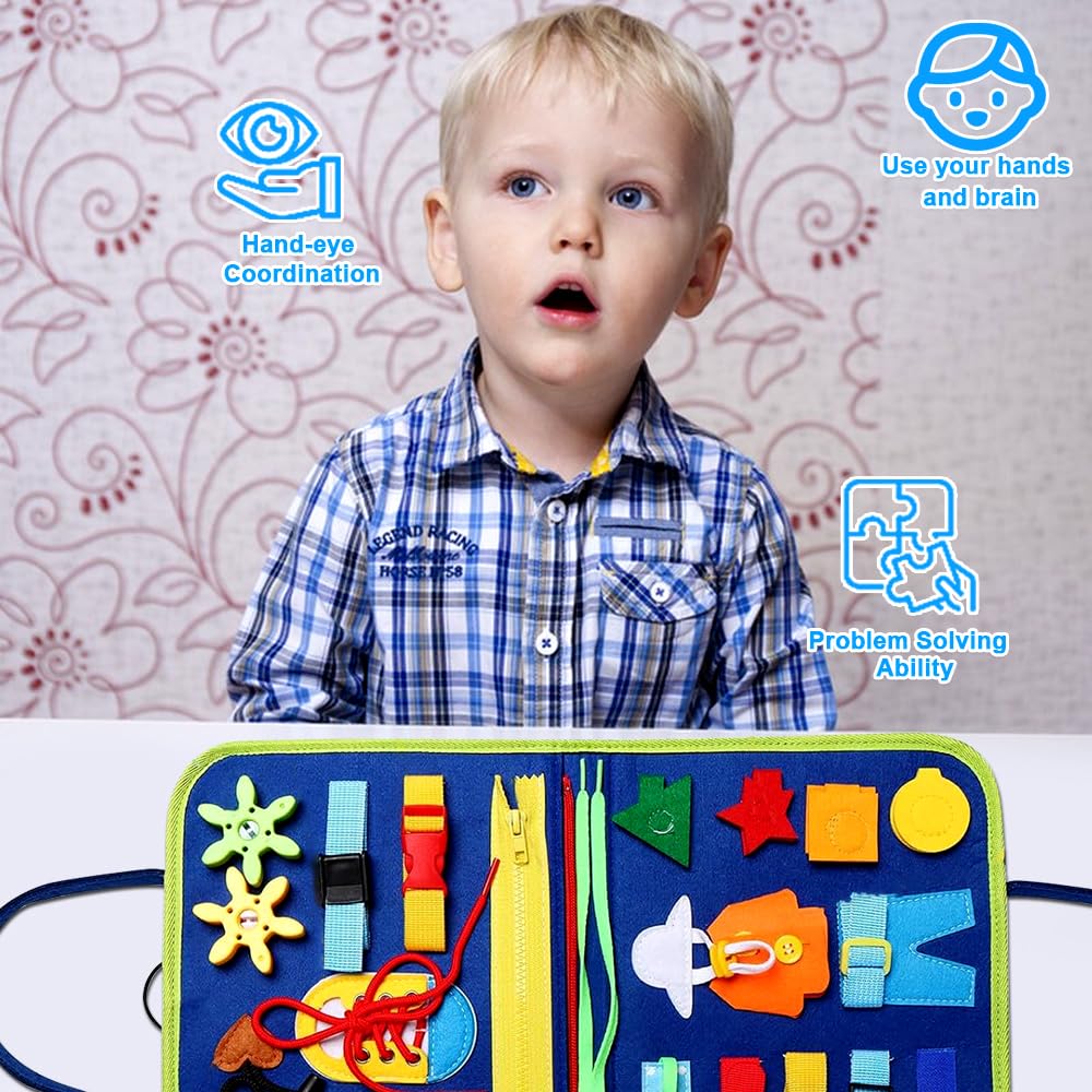 Pannello Sensoriale Montessori, DIY Libro delle attività in Feltro, Libro Illustrato in Tessuto 3D con attività, Giochi Educativi con Puzzle per Ragazzi e Ragazze 2 3 4 5 6 Anni