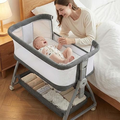 Miniatura 10 de Cuna para bebé junto a la cama con ruedas, moisés portátil de 3 en 1 para bebé niña, cuna de dormir lateral ajustable con malla transpirable y