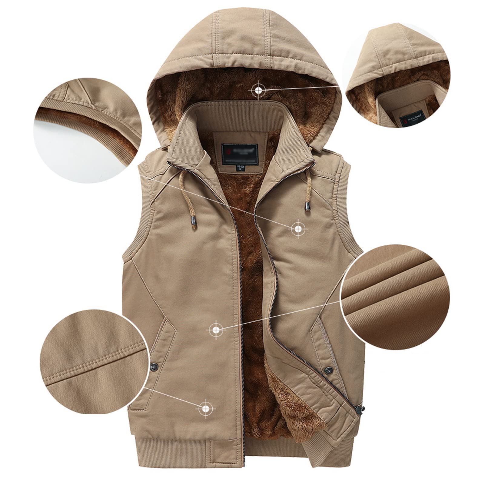 Hombre de Invierno con Capucha Fleece Gilet Chaleco Outwear Outwear Outdoor Casual Stand-up Collar Cardigan Cálido Carga Chaleco Hombre Cremallera Chaqueta Abrigo to Armygreen-L