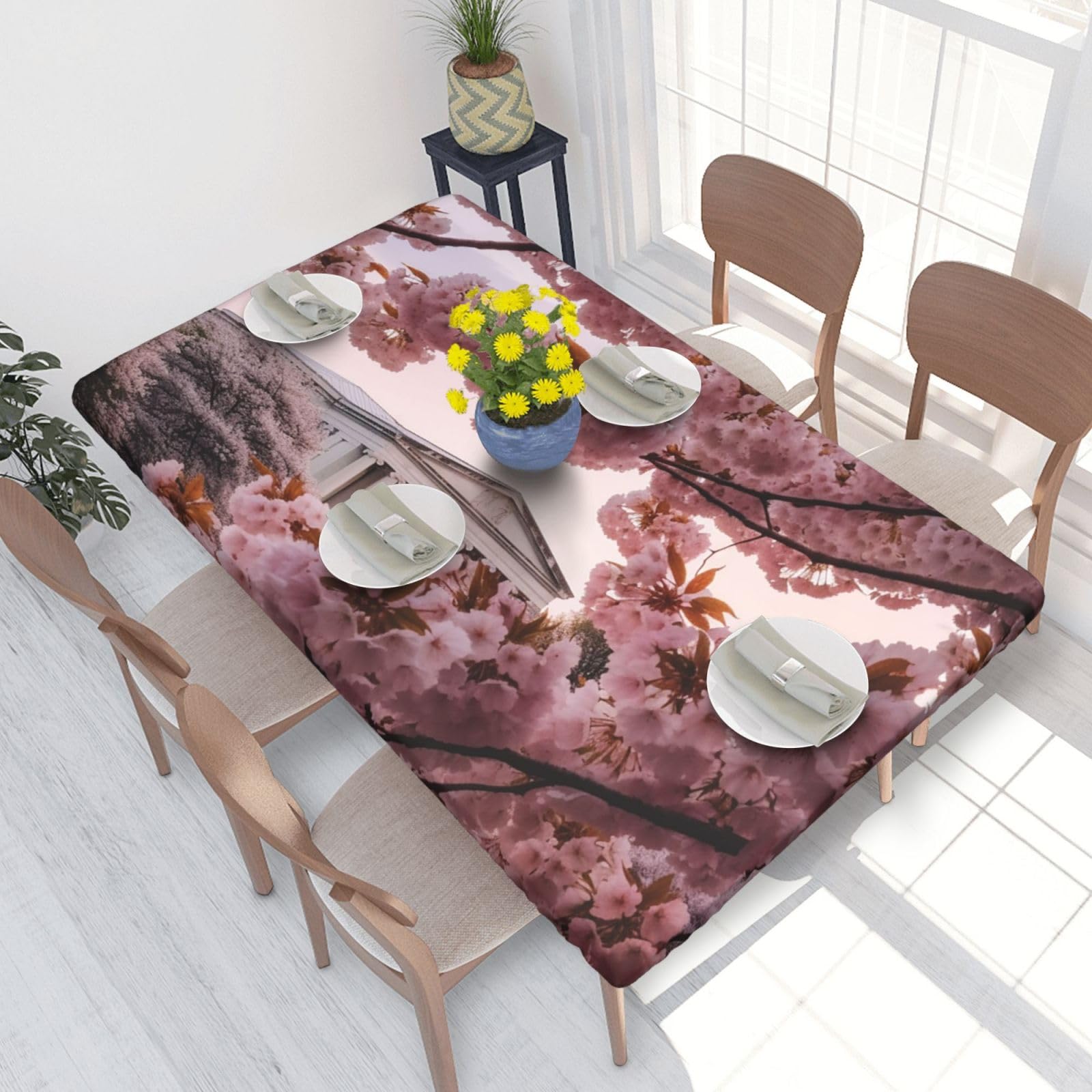 Cherry Blossoms Waterproof Square Table Cover Elastic Fitted Tablecloth Oil Proof Table Protector For 4ft Table
