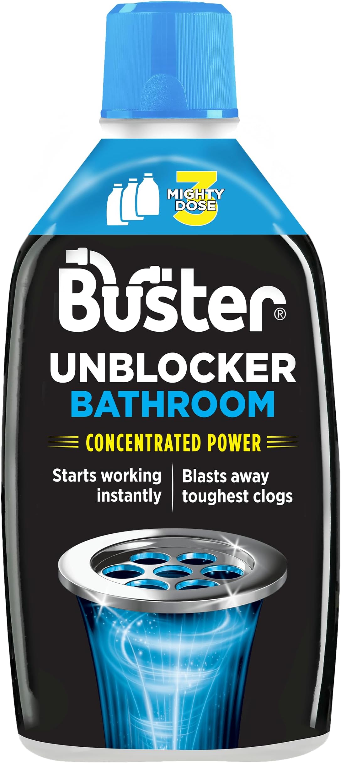 Buster Bathroom Drain Unblocker, Dissolves Hair and Sludge, 3 Dose Pack, 900ml