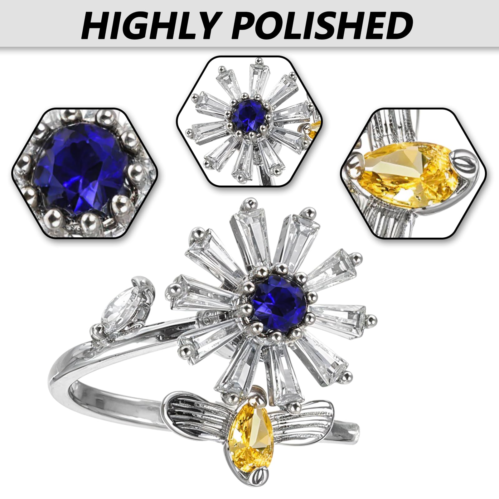 Yuanchu Pierścień antylękowy Fidget dla kobiet, 6 szt. otwartych regulowanych pierścieni fidget, pierścień przeciwlękowy, kwiat, pszczoła, koraliki, urocze artykuły ulgowe, prezent