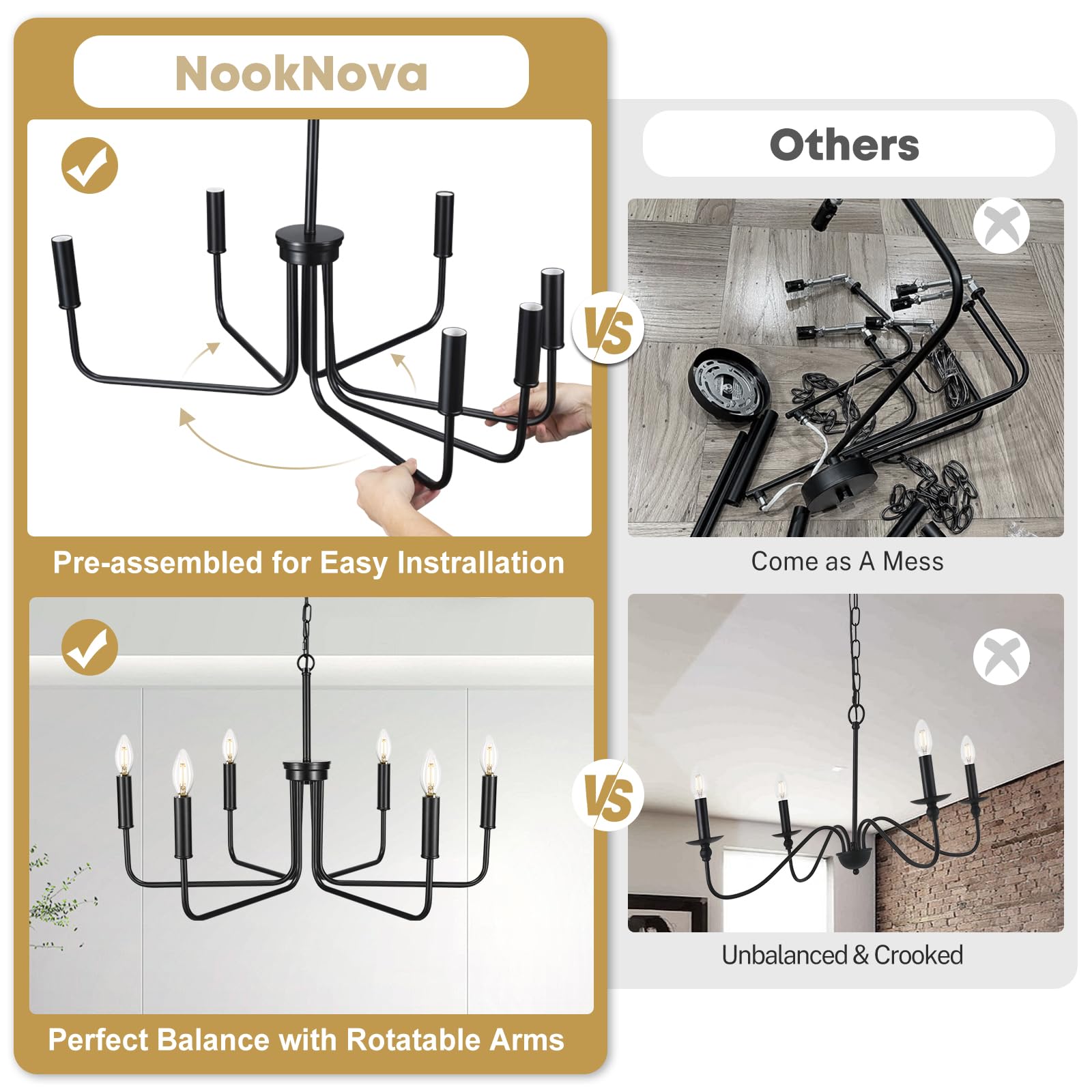 NookNova Black Chandelier, Farmhouse Chandelier, Dining Room Light Fixture, Black Chandelier Light Fixture, Dining Room Chandelier Over Table, Designed for Dining Room, Kitchen, Living Room, Hallway