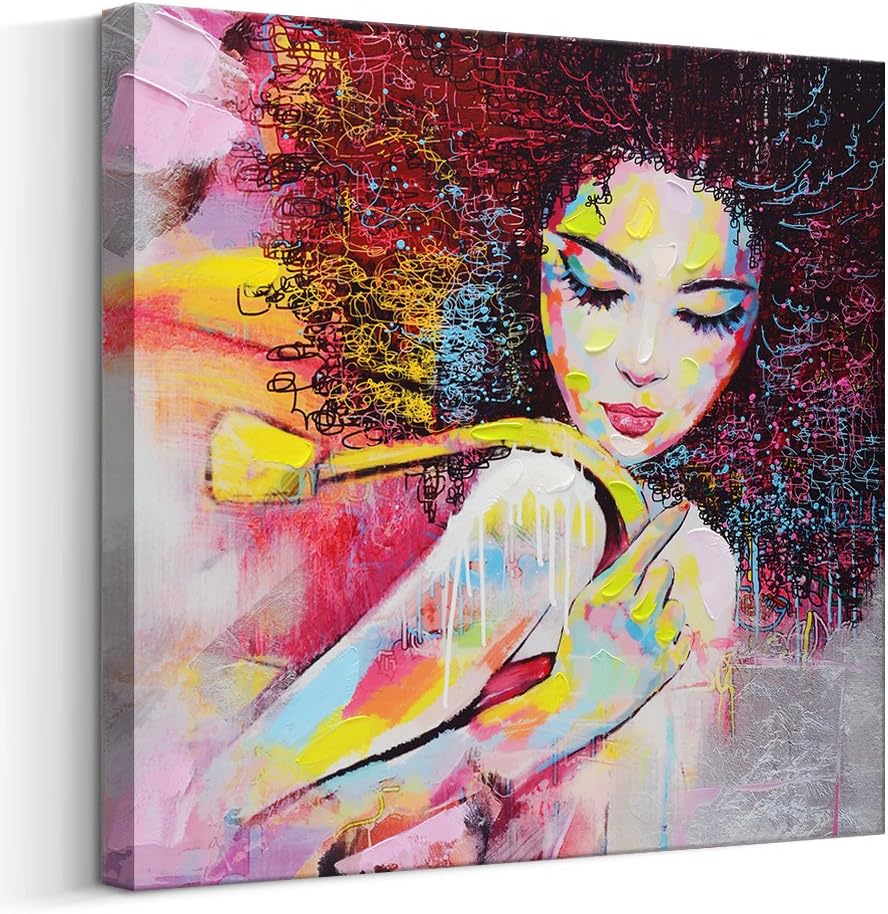 Crescent Art Abstract Pop Black Art African American Wall Art Afro Woman Painting on Canvas Print Wall Picture For Living Room Bedroom Wall Decor (28 x 28 inch, A Framed)