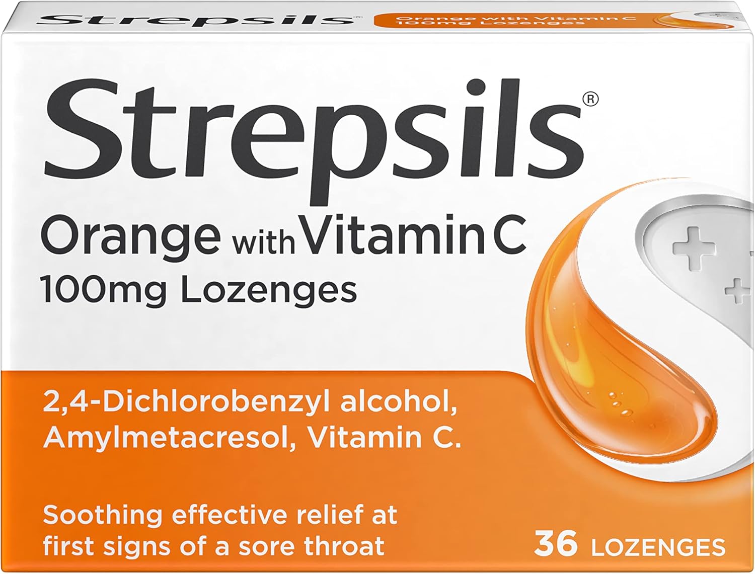 Strepsils Orange with Vitamin C Lozenges, 36s, Gluten Free, Sore Throat