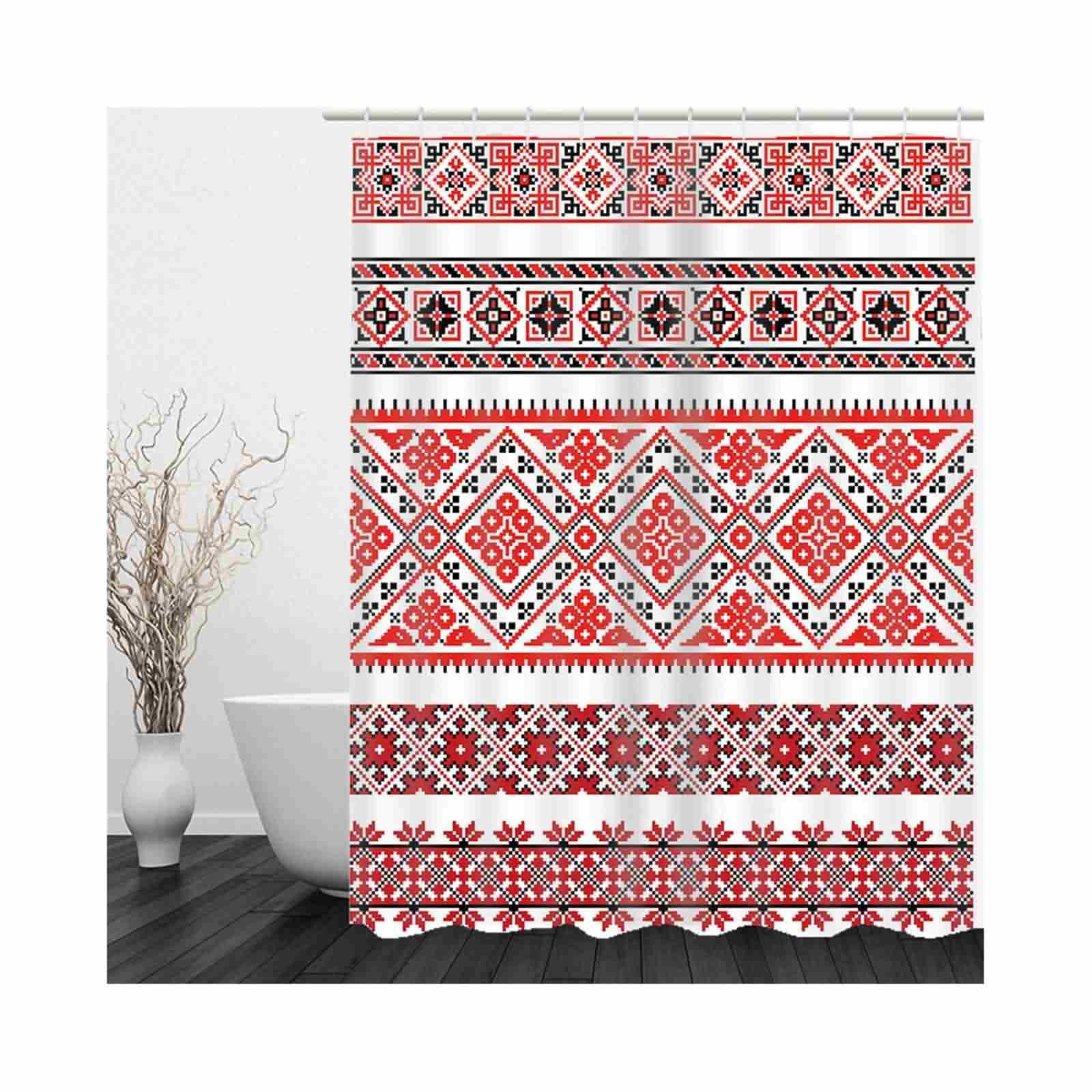 Rideau Douche Design Rideaux Long Géométrie en Forme d'herbe Losange avec Anneaux Intégré Orientale pour Baignoire/Douche, Taille Standard 220x180cm