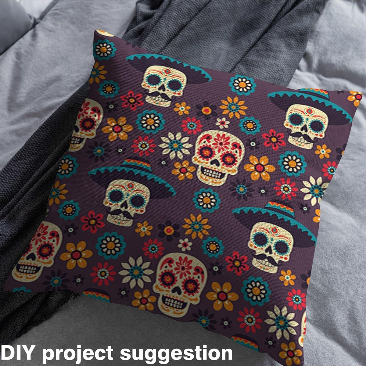 Feelyou Mexican Sugar Skull Fabric by The Yard, Halloween Themed Upholstery Fabric, Exotic Boho Skeleton Floral Outdoor Fabric, Gothic Bones Style Reupholstery Fabric for Chairs, 1 Yard, Colorful