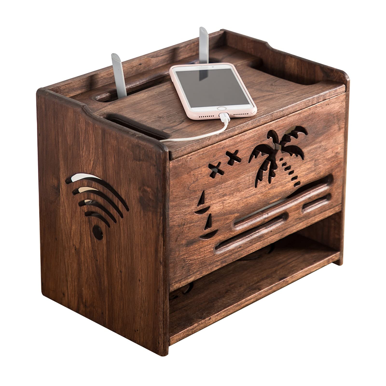 Boîte de rangement en bois à double couche Boîte de rangement de câble Organiseur Bureau de bureau Tidy Power Bande anti-poussière Boîte de rangement de routeur en bois, Ouverture supérieure / avant
