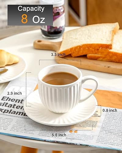 Miniatura 3 de Hasense Tazas y platillos de cerámica para capuchino, 8 onzas, juego de 6 tazas grandes acanaladas para café, té, café con leche y macchiato, juego