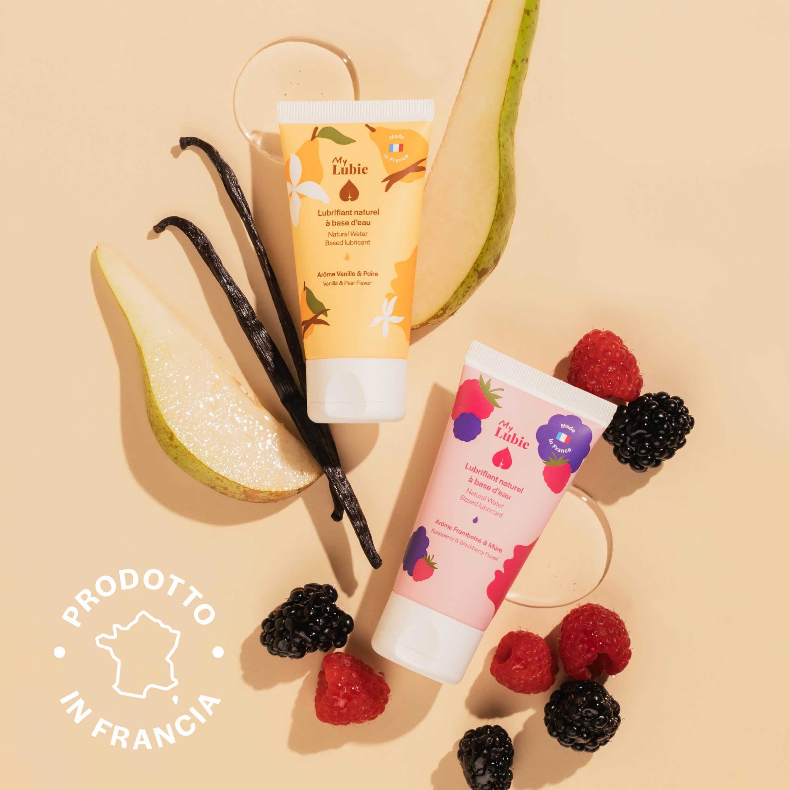 My Lubie - Duo di Lubrificanti Aromatizzati Vaniglia/Pera & Lampone/Mora | 2x50ml | Base Acqua, Naturali & Vegan | Arricchiti con Acido Ialuronico e Prebiotici | Prodotto in Francia