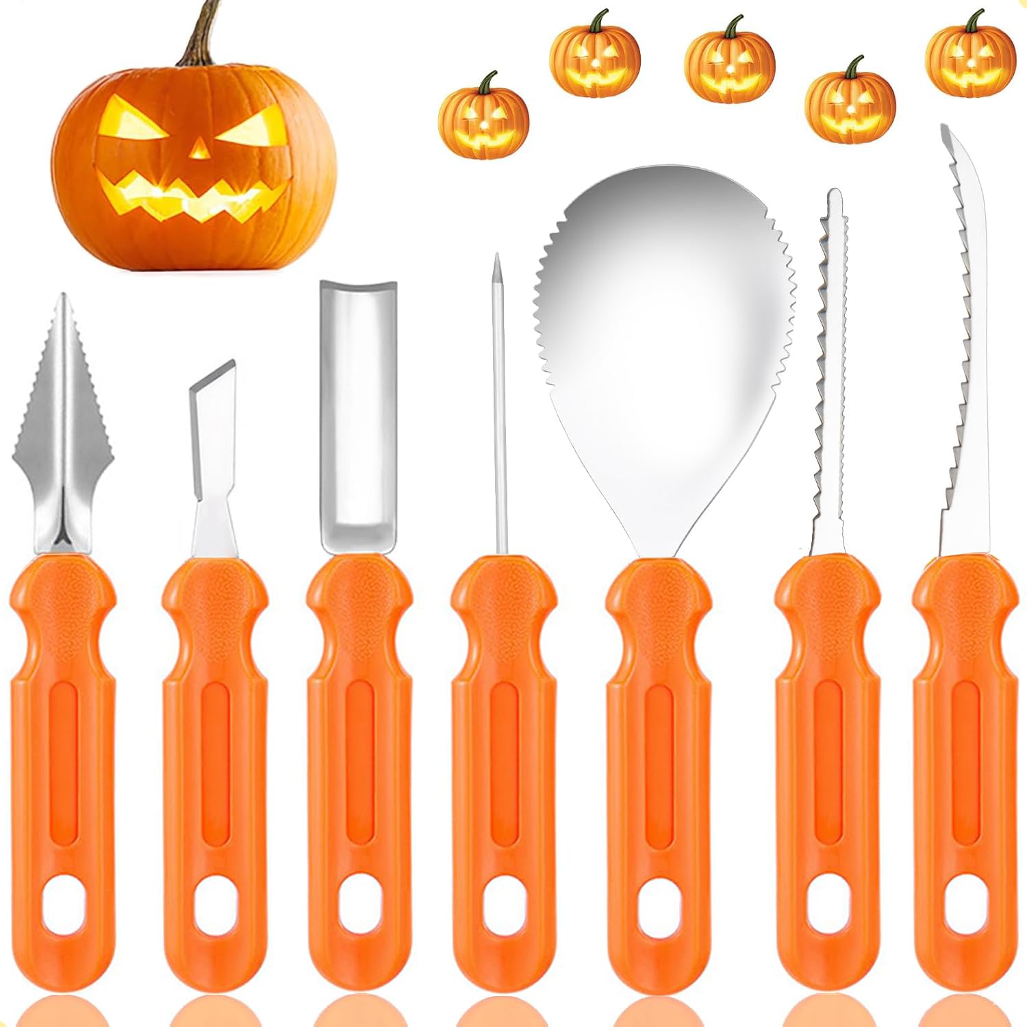 POLYBEARHalloween Pumpkin Carving Tools Set with Box, 7Pcs Professional Stainless Steel Sculpting Knife Kit for Pumpkin Lanterns Decoration, Family DIY Carving Pumpkins Gift for Kids and Adult