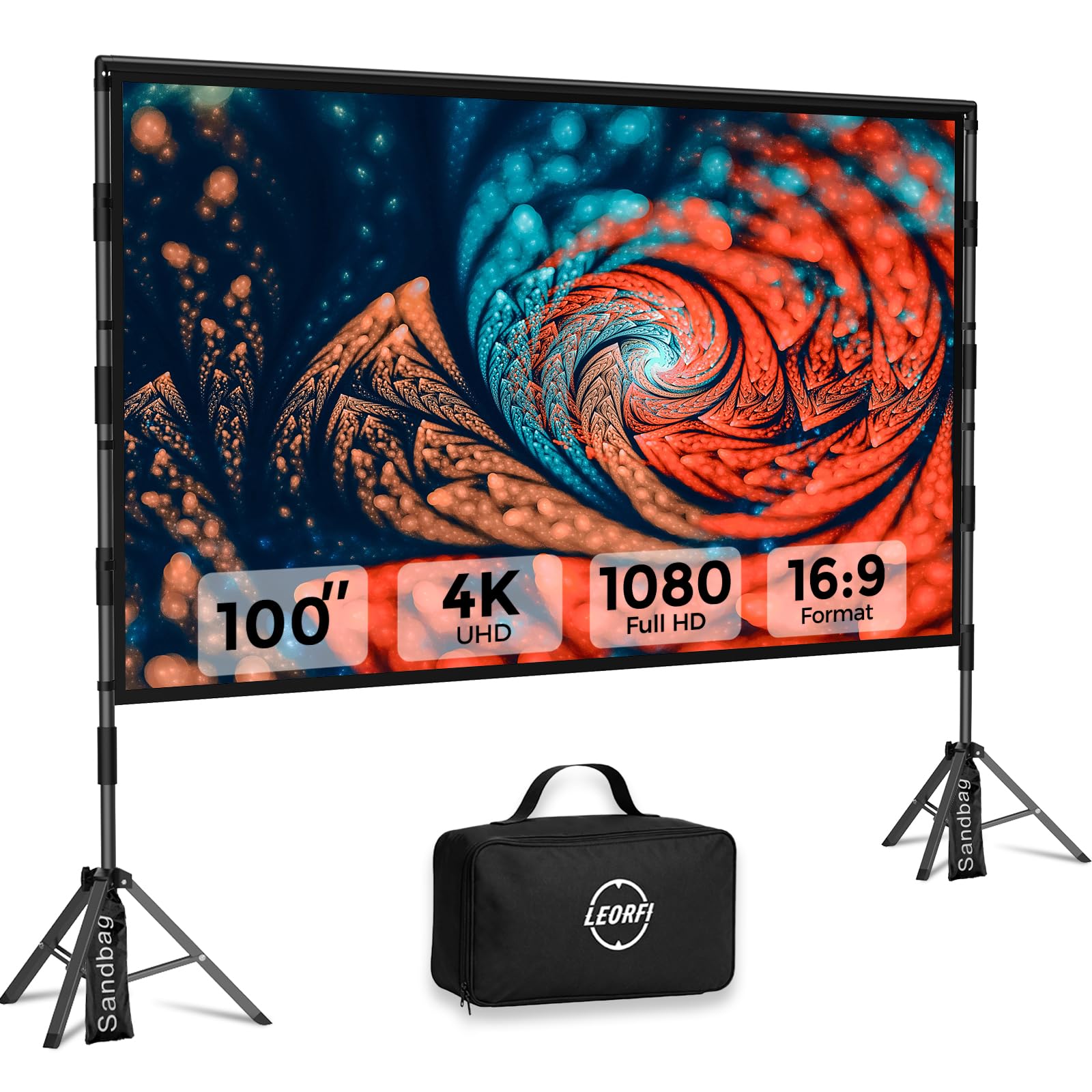 Pantalla de proyección portátil con trípode para Exteriores de 100 Pulgadas, con Bolsa de Transporte, Pantalla de proyección Ligera para Interiores Frontal/Trasera, Pantalla de Cine 16:9 4K