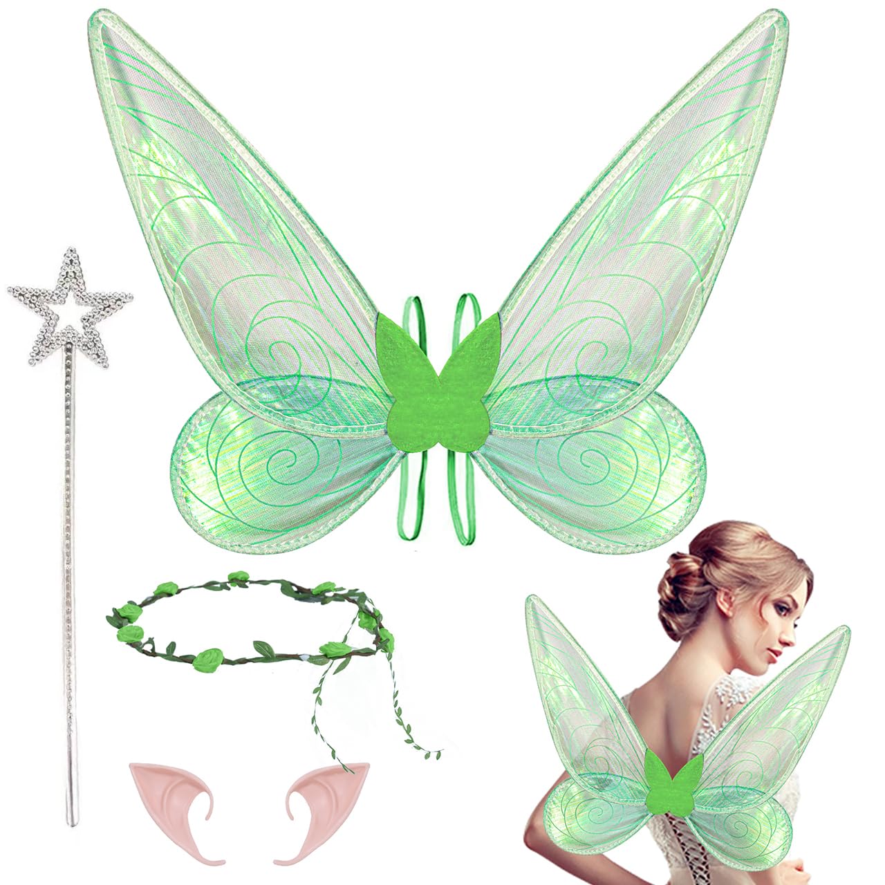 Fairy Wings for Girls & Women - Angle Wings Butterfly Costumes for Halloween Cosplay,Dress Up Party with Elf Ears Headband Magic Wand (Green)