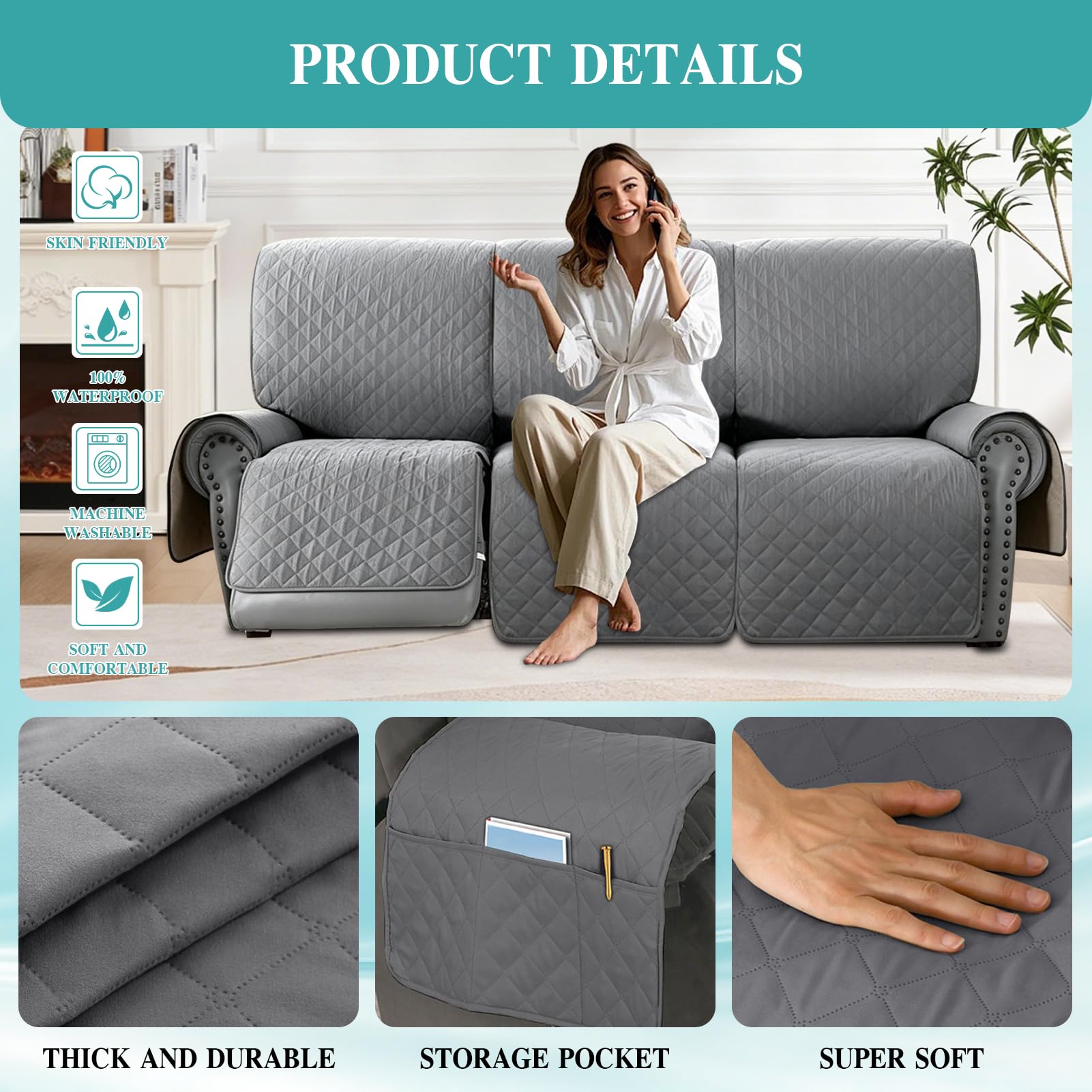 Funda para Sofá Reclinable Impermeable 1/2/3 Plazas, Cubresofás Antideslizantes con Bolsillo, Protector Lavable para Muebles Reclinables Ideal para Perros, Niños (Gris,3 Plazas)