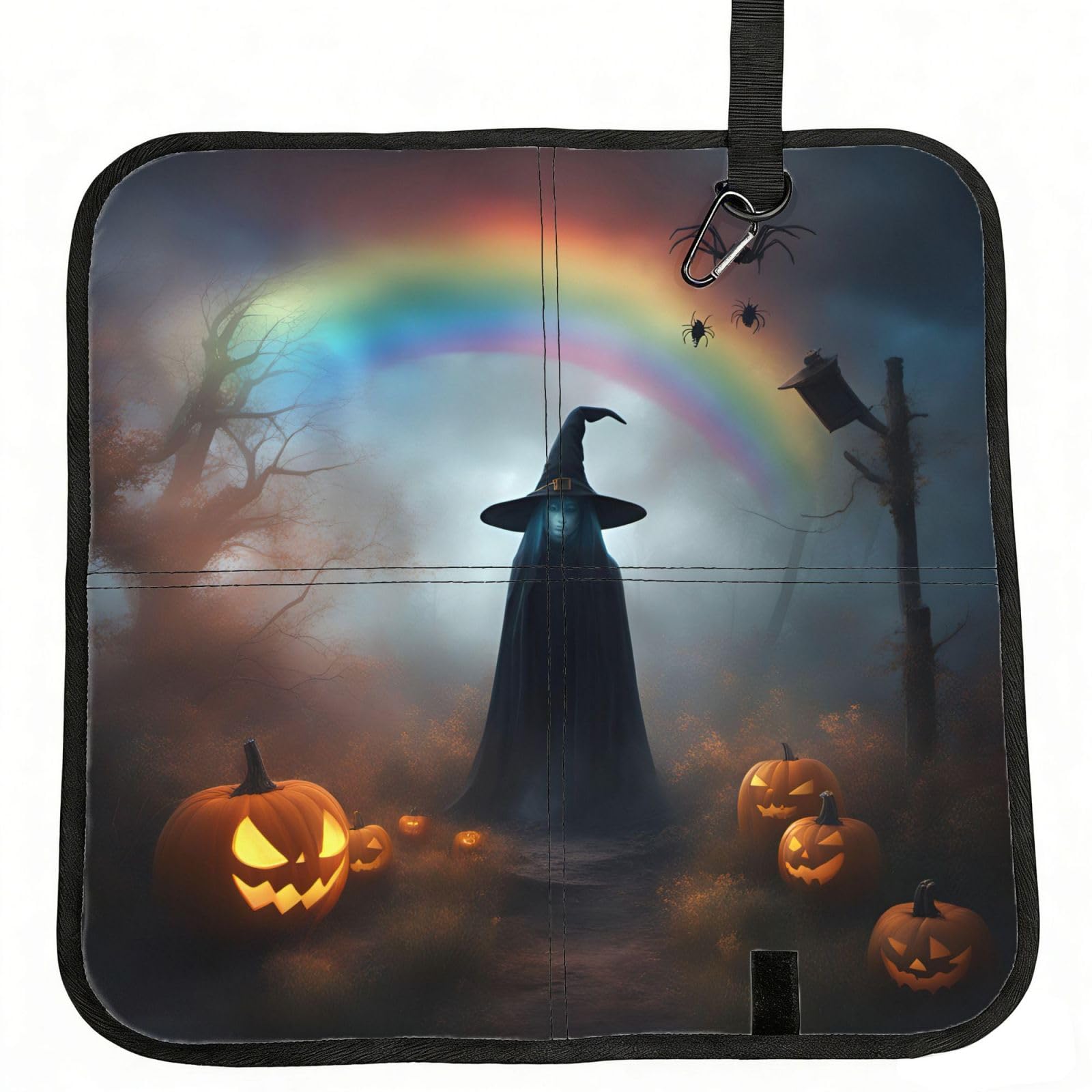 NImongt Rainbow Halloween Ghost Witch Hat Spiders Print Portable Chair Pad Foldable Seat Cushion Outdoor Seating Office Picnic Camping
