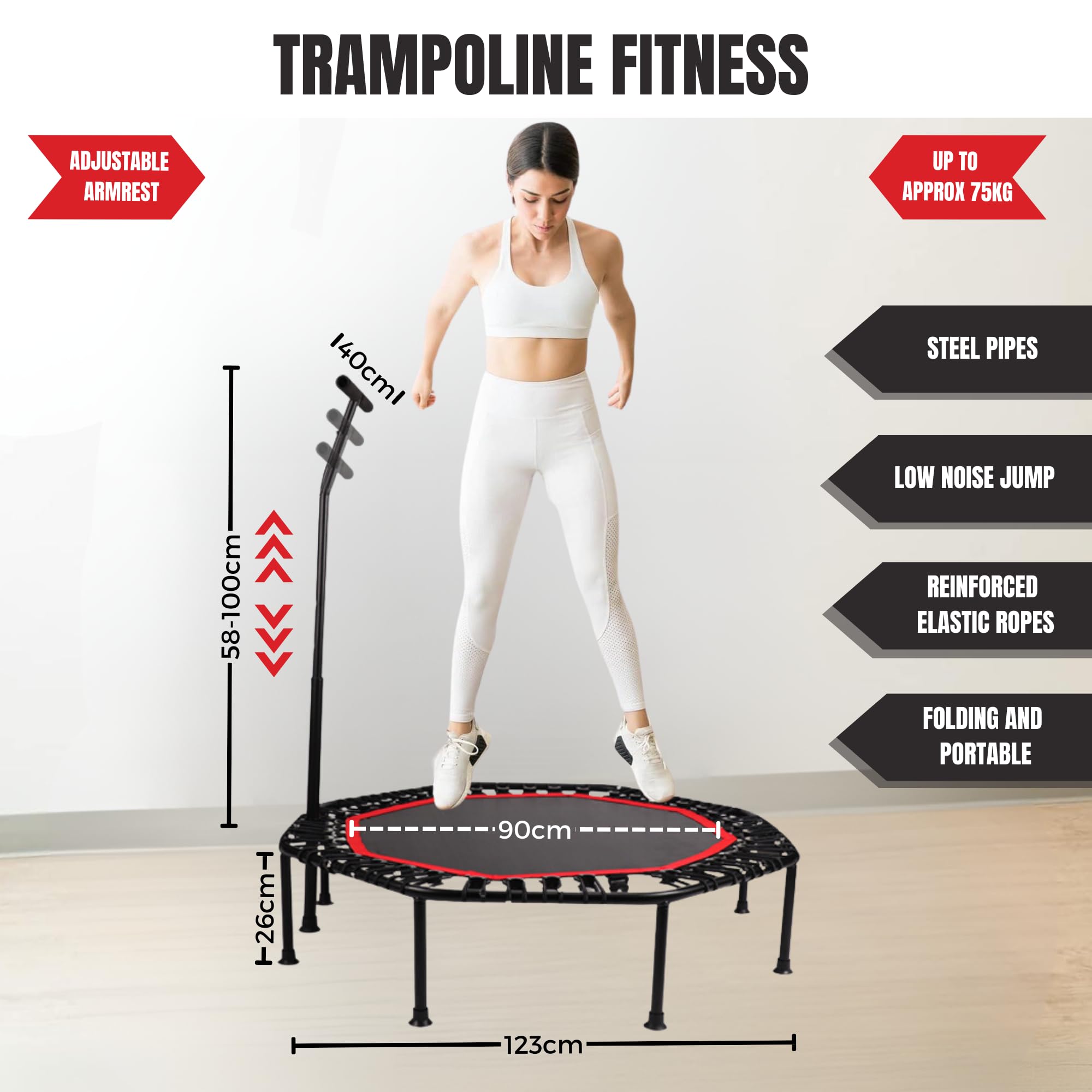 Trampolín Fitness Plegable Silencioso Ø90cm Octogonal con Apoyabrazos Ajustable para Adultos y Niños