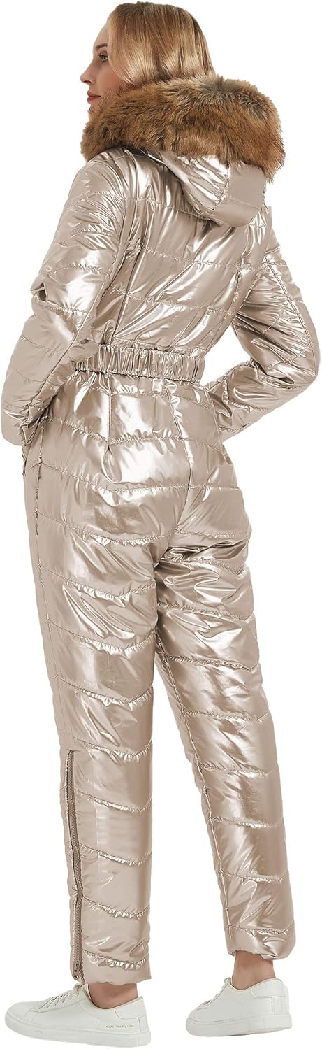 RISISSIDA Women Ski Suit Jumpsuit, Winter Onesies Outdoor Sports Waterproof Snowsuit One Piece with Hood Removable Fur Collar - Image 3