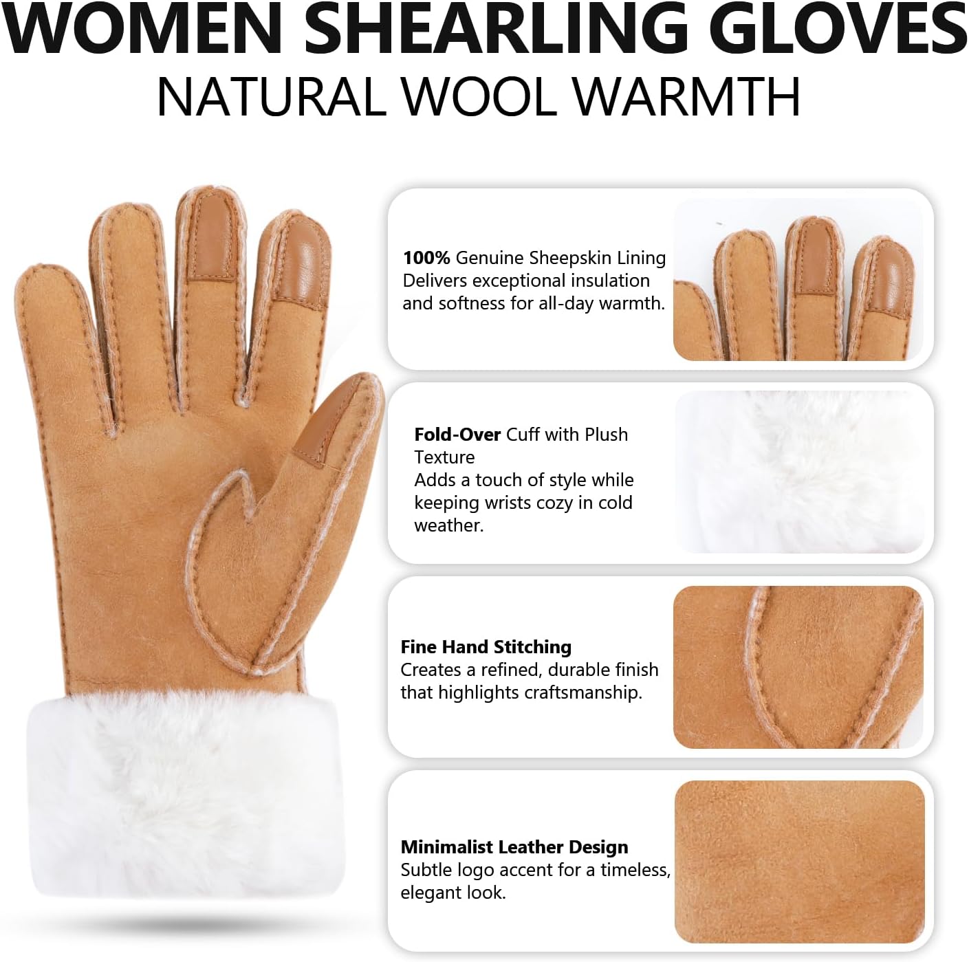 Aurya Turn Cuff Sheepskin Gloves, Women's Waterproof Wool Gloves, Touchscreen Shearling Glove for Winter Outdoor - Image 5
