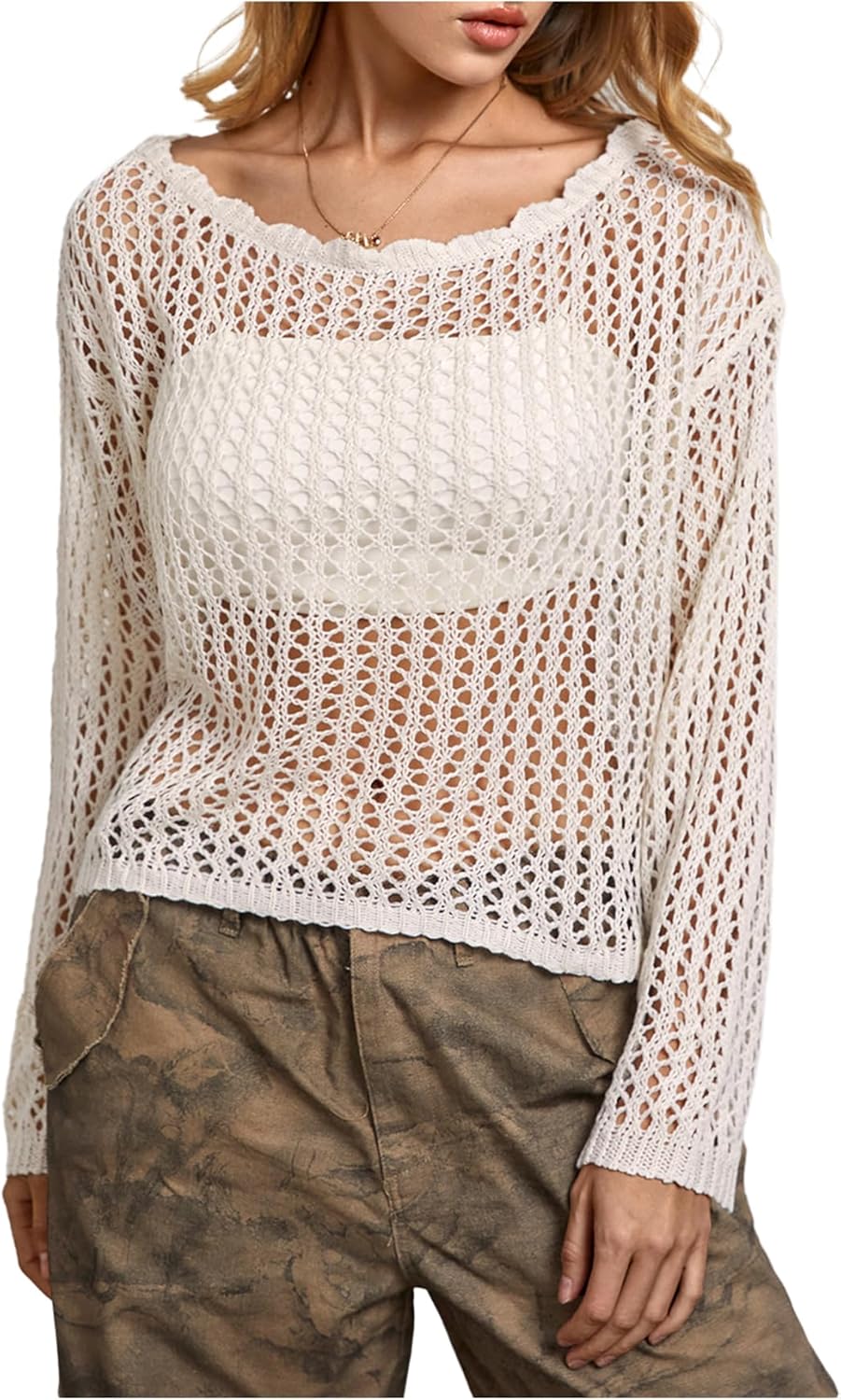 WDIRARA Women's Hollow Out Crochet Sweater Long Sleeve Boat Neck Loose Knitted Tops