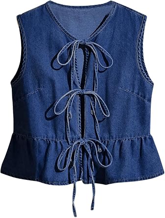 SHENHE Womens Tie Front Denim Vest Ruffle Hem Sleeveless Jean Top Shirt
