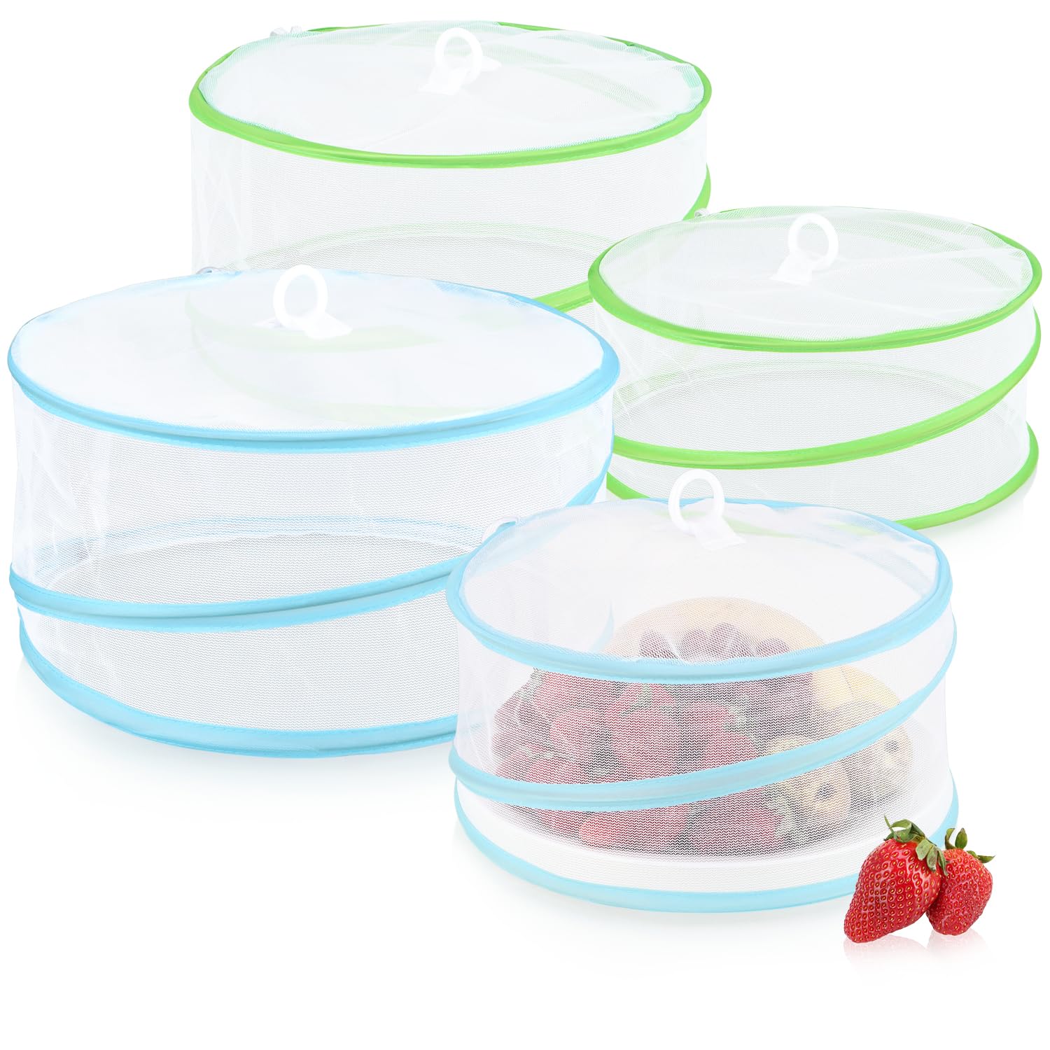 COM-FOUR® 4x coperture antimosche pop-up - coperture per alimenti - ombrelli alimentari pieghevoli in due misure - protezione dagli insetti - copertura in rete (4 pezzi - bianco/blu/verde)