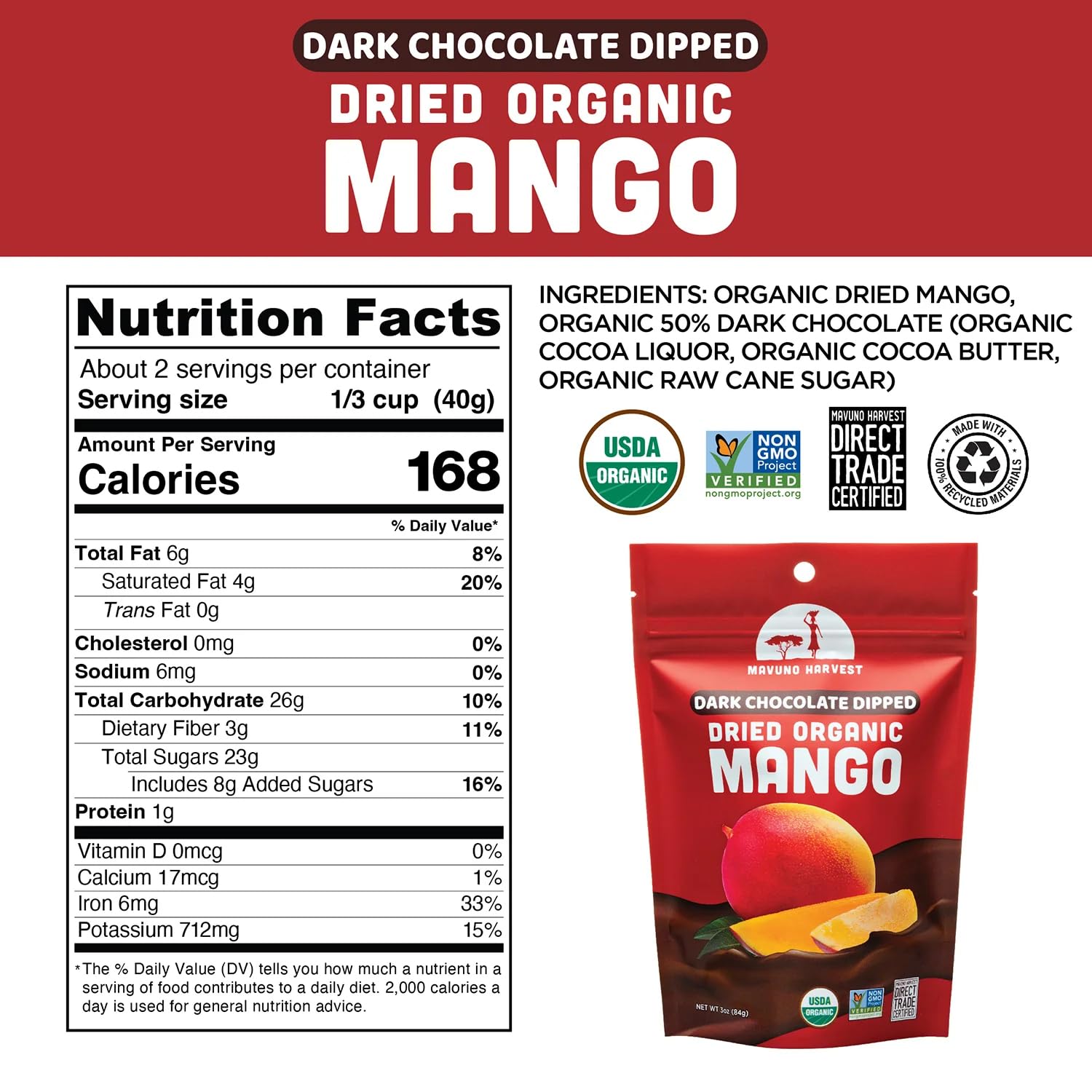 Mavuno Harvest Organic Chocolate Covered Mango - Organic Dried Mango Dipped in Dark Chocolate - Non GMO, Fair Trade, No Preservatives & Vegan Chocolate Treats - Healthy Chocolate Snacks - 6 x 3 Ounces