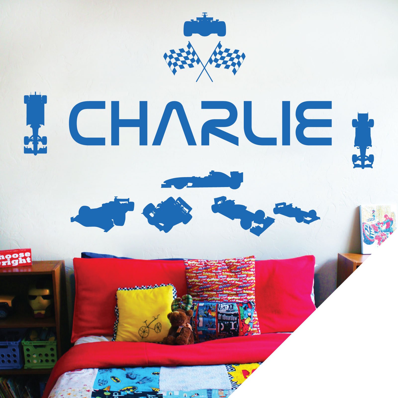 Personalised Name Children Wall Art Sticker - Racing Driver Formula 1 Cars Sport [Medium] [White]