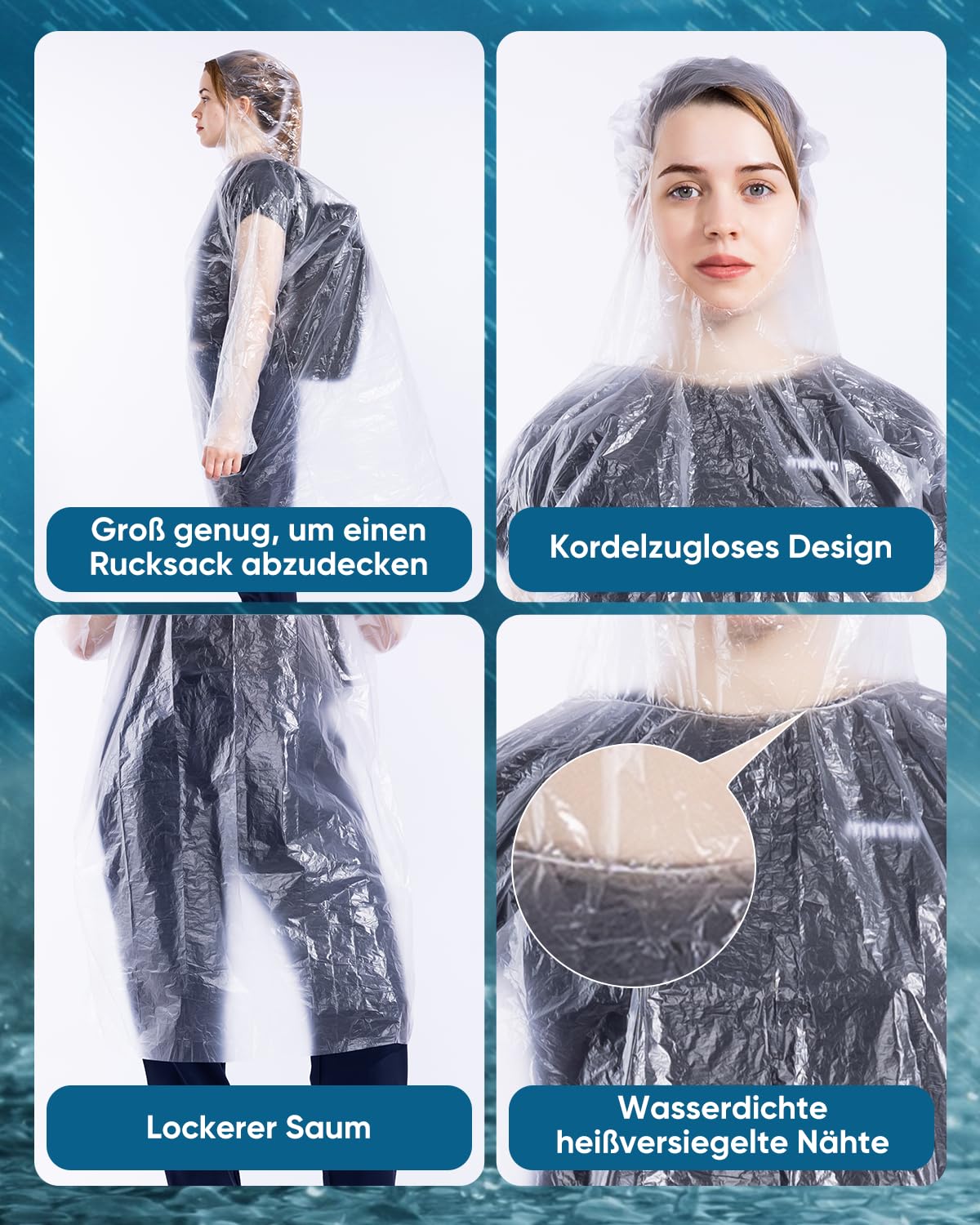 50er- und 100er-Pack Einweg-Regenponchos mit Kapuze für Erwachsene, wasserdicht Regenschutz für Damen und Herren