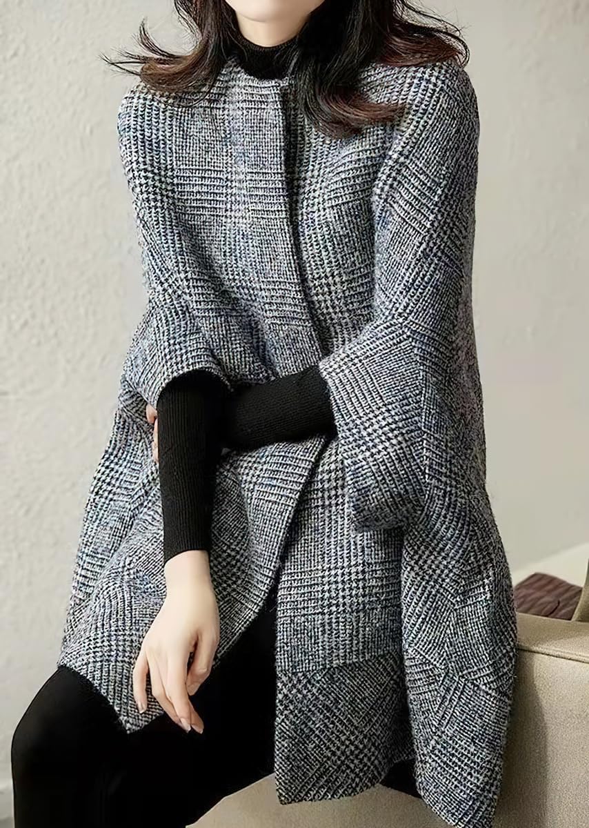 Elegante da Donna Plaid Monopetto Mantello Bottone Cappotto Classico Inverno Sette Quarti Manica Plaid Casual di Media Lunghezza Mantello