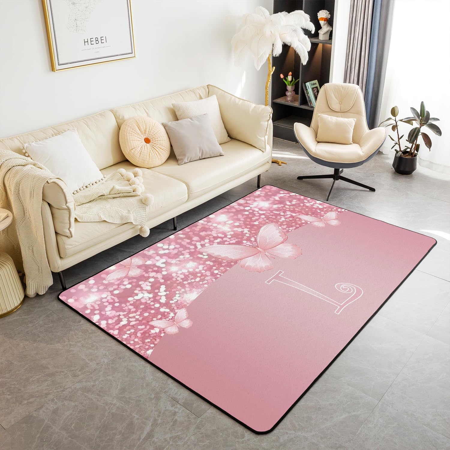 Rose Bowknot Lettre L Tapis Exterieur garçons Filles Mignon Papillon Tapis Salon 100x150cm Antidérapant Mousse Glitter Impression Chambre à Coucher décor