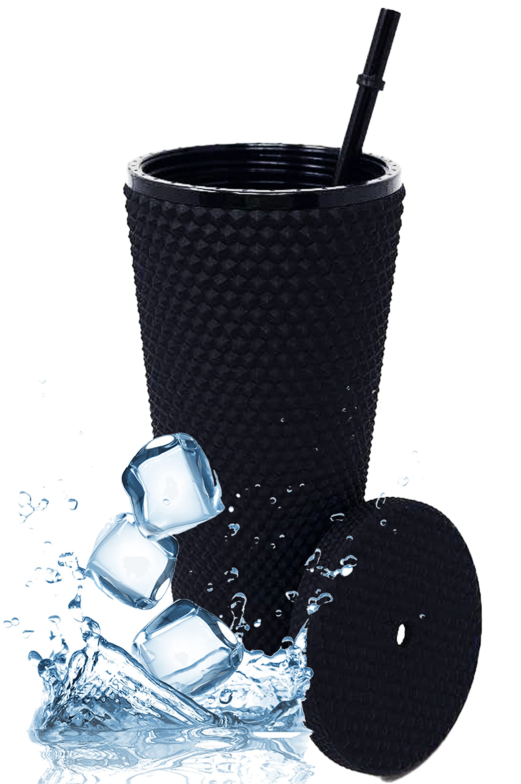 Studded Tumbler Straw Lid - Plastic Double Walled Cold Cup for iced Coffee, Water, Slush or Smoothies, Your Home Cinema Cup (Matte Black 24OZ / 700ml)