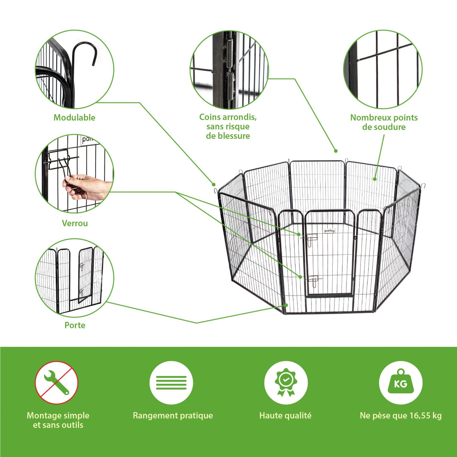 Parc Enclos pour Chien Chiot et Lapin GARDEO80x100x8, 8 Panneaux 80X100cm, 2,56M2, modulable, intérieur et extérieur, Pliable, Garantie 5 Ans