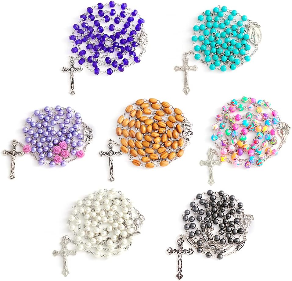 7 PCS Rosary Beads Catholic for Woman - Confirmation Gifts, 7 Day Rosary, Various Styles of Rosary Necklace Set, Cross Necklace for Women