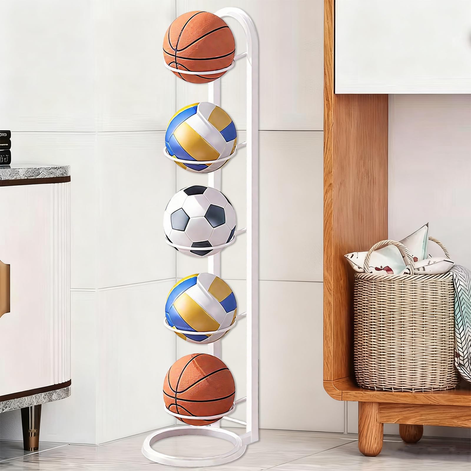 Soporte Balón Fútbol 5 Niveles Vertical con Bolsillo Malla Almacenamiento Hierro Extraíble Estable Baloncesto Fútbol Voleibol