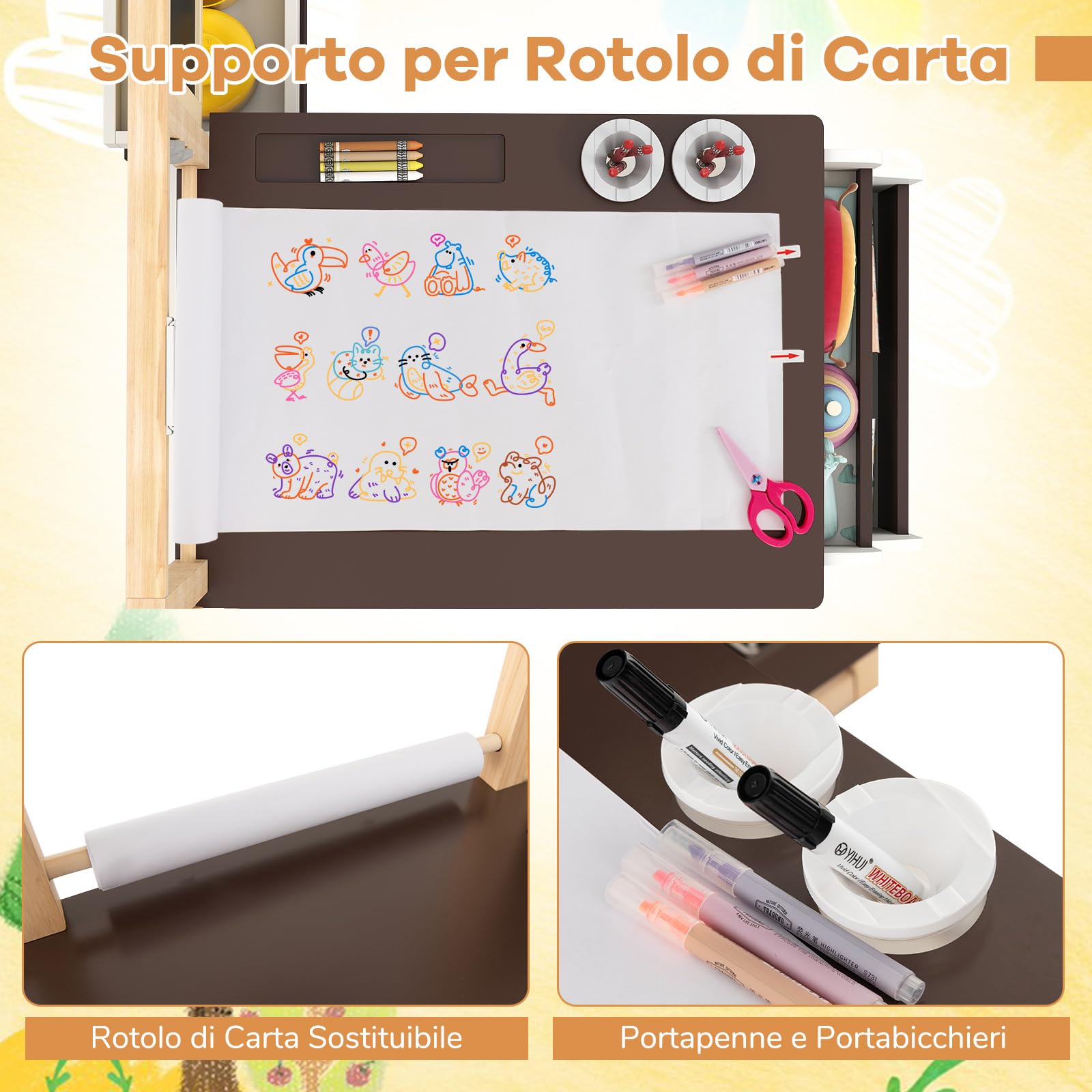 GYMAX Set di Cavalletto con Tavolo e Panca per Bambini, Scrivania Multifunzionale in Legno con Lavagna Bifacciale, Rotolo di Carta, Scaffale, Contenitore, Mobili per Attività (Caffè)