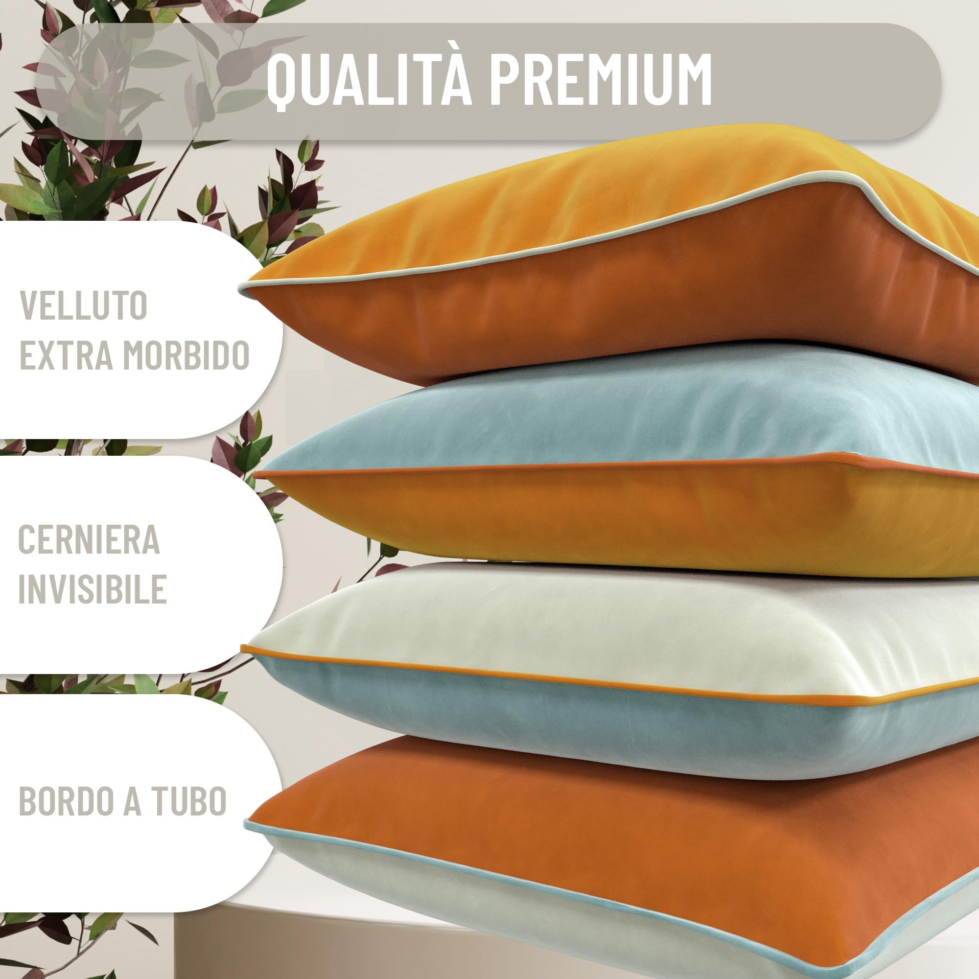Set di federe in velluto extra morbido con bordo a contrasto. Design moderno e reversibile. Imbottitura non inclusa. (45x45 cm, Arancione, Blu e Bianco, 4)