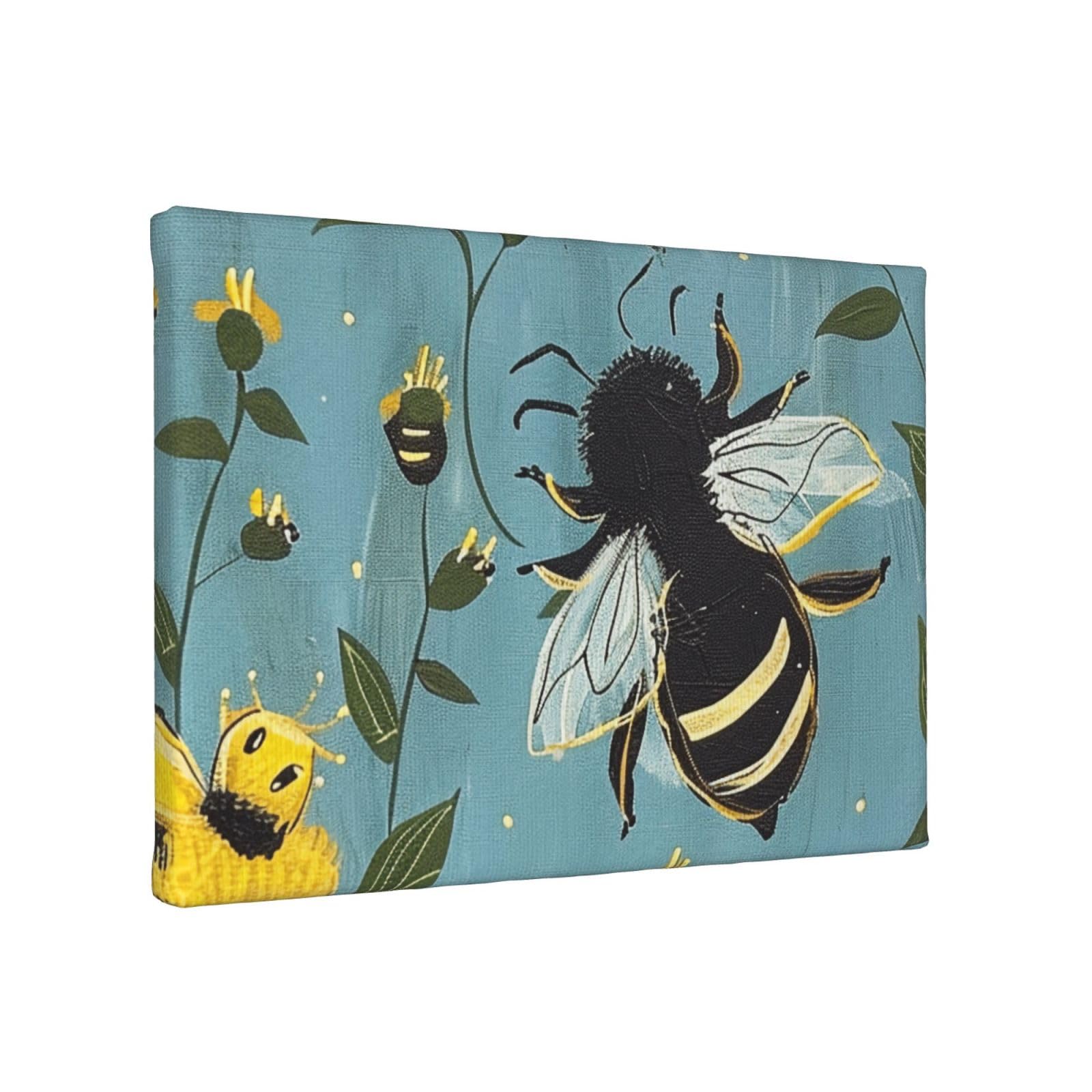 YKLJG Cartoon Bees Printed Wall Art Canvas Painting 30x20 CM Wooden Framed Picture Painting Artwork Prints for Bedroom Kitchen Home Office Decor