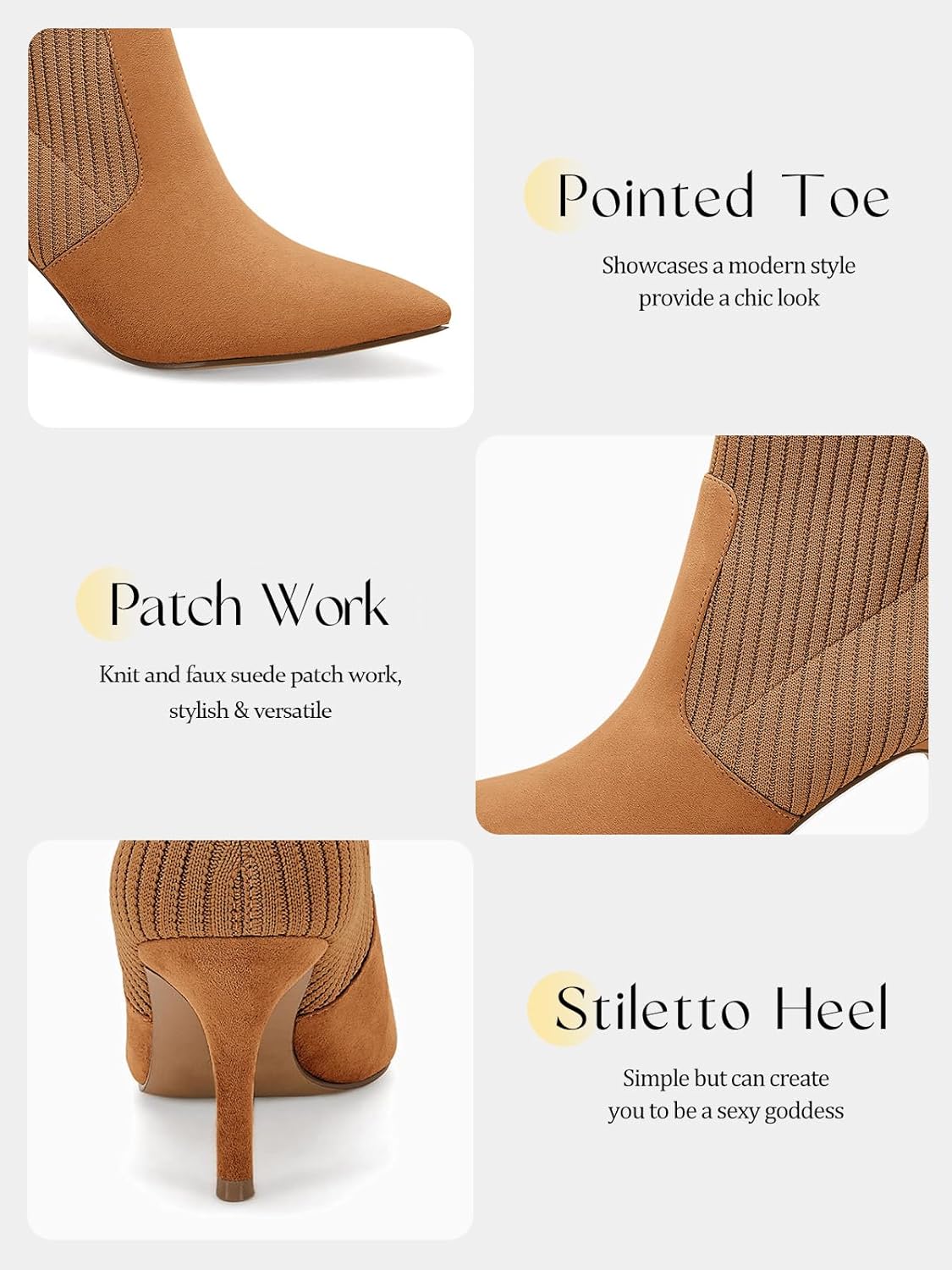 Coutgo Women's Pointed Toe Ankle Boots Stiletto Kitten Heel Knit Faux Suede Winter Sock Booties - Image 6