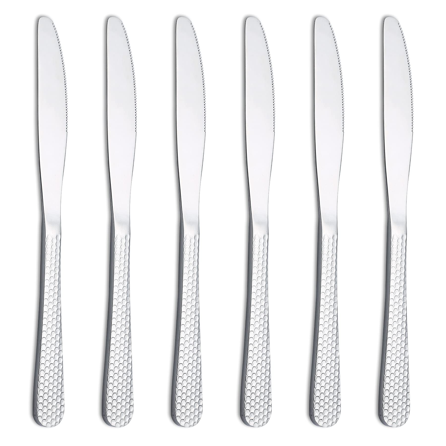 Kyraton Dinner knifes 6 Pieces, Stainless Steel 22cm Steak Knives Set Vintage Elegant Special hammered Handle Table Knives, Butter knife Knives Set Flatware Set, Cutlery Set, Dishwasher safe.