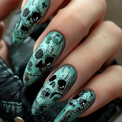 Miniatura 8 de 24 uñas postizas de Halloween a presión de almendra, medianas, diseño de telaraña, diseño de gotas de sangre, pegamento acrílico, cobertura