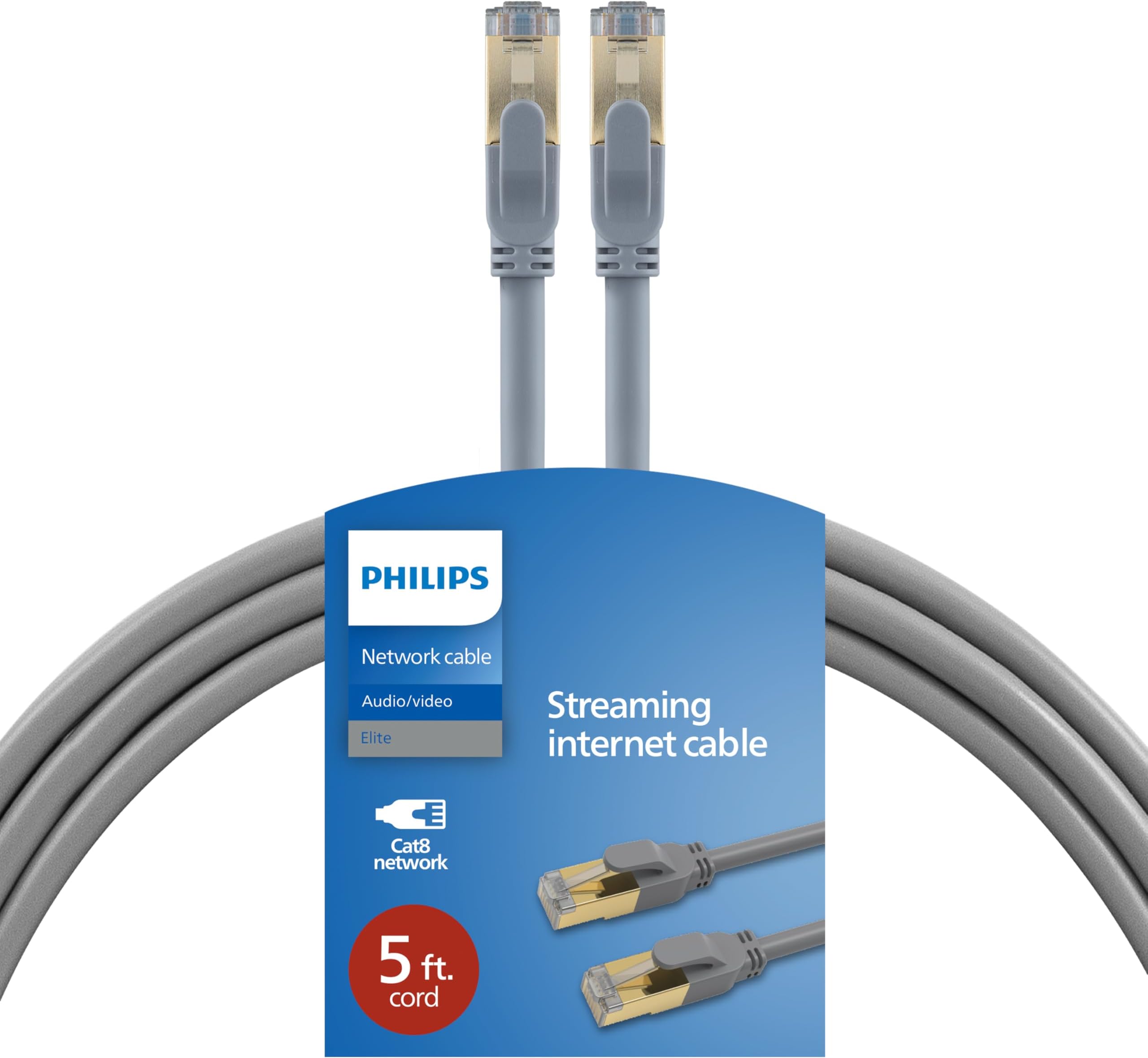 Philips Cat8 Ethernet Cable, Long 5 Ft Cord, 40 Gbps, 2000Mhz, RJ45M Connector, SSTP, for Computer, Game Console, Cable/DSL Modem, Network Switch, Streaming Device, Gray, SWR3523GR/37
