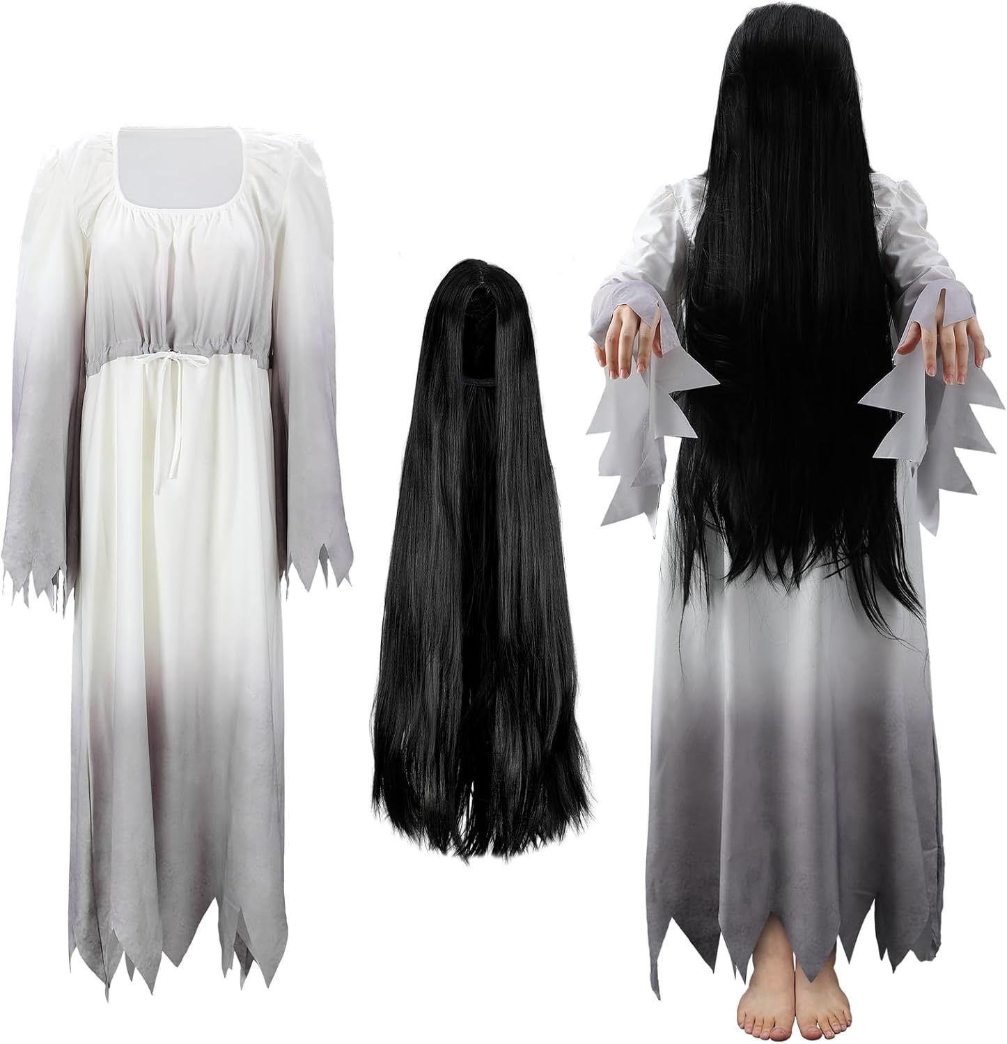 2 Pcs Halloween Women Gossamer Ghost Costume Set White Victorian Vintage Dress Gown Black Wig for Horror Cosplay